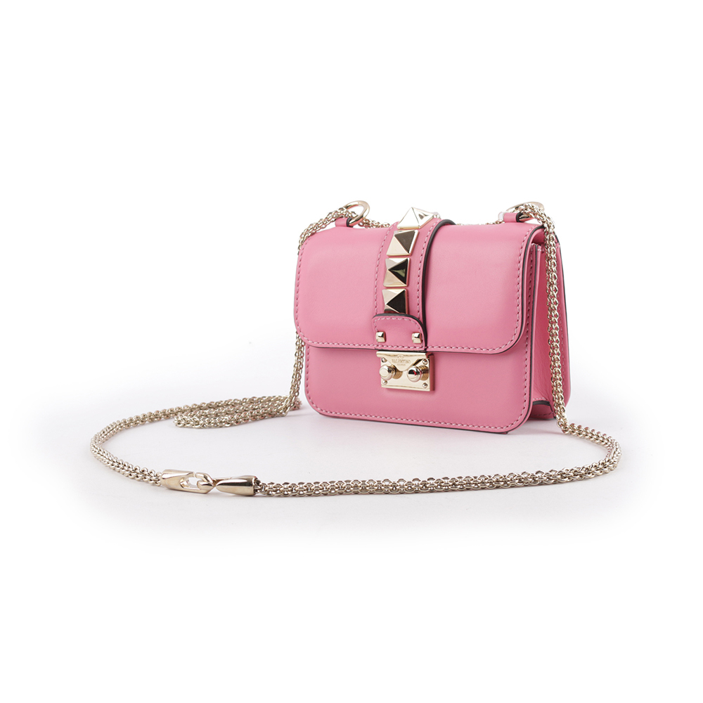 【VALENTINO】淡金釦鉚釘小牛皮翻蓋迷你鍊包(粉色)