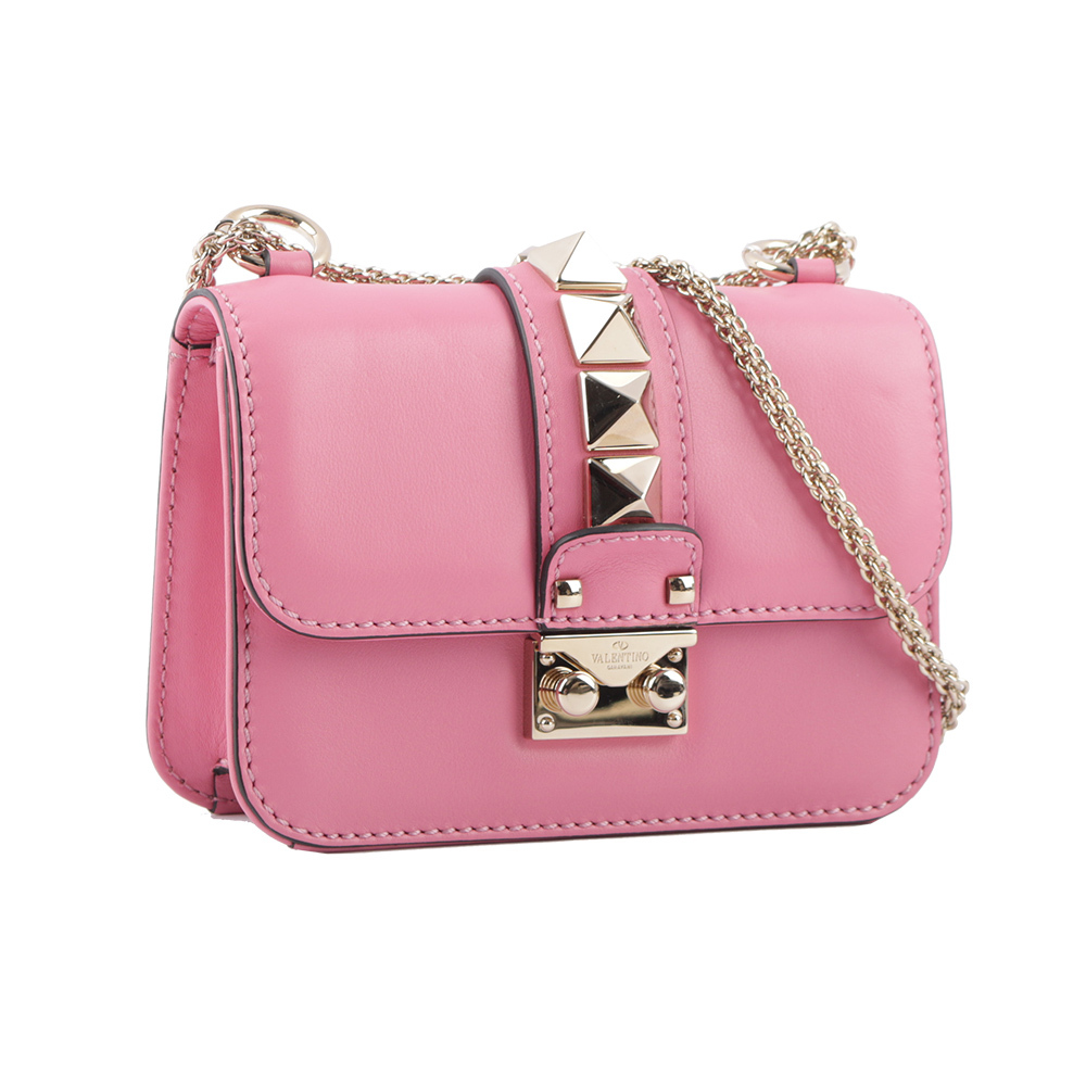 【VALENTINO】淡金釦鉚釘小牛皮翻蓋迷你鍊包(粉色)