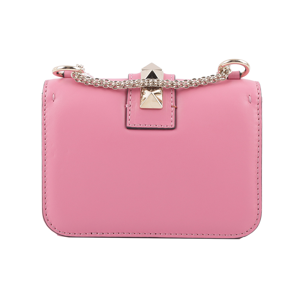 【VALENTINO】淡金釦鉚釘小牛皮翻蓋迷你鍊包(粉色)