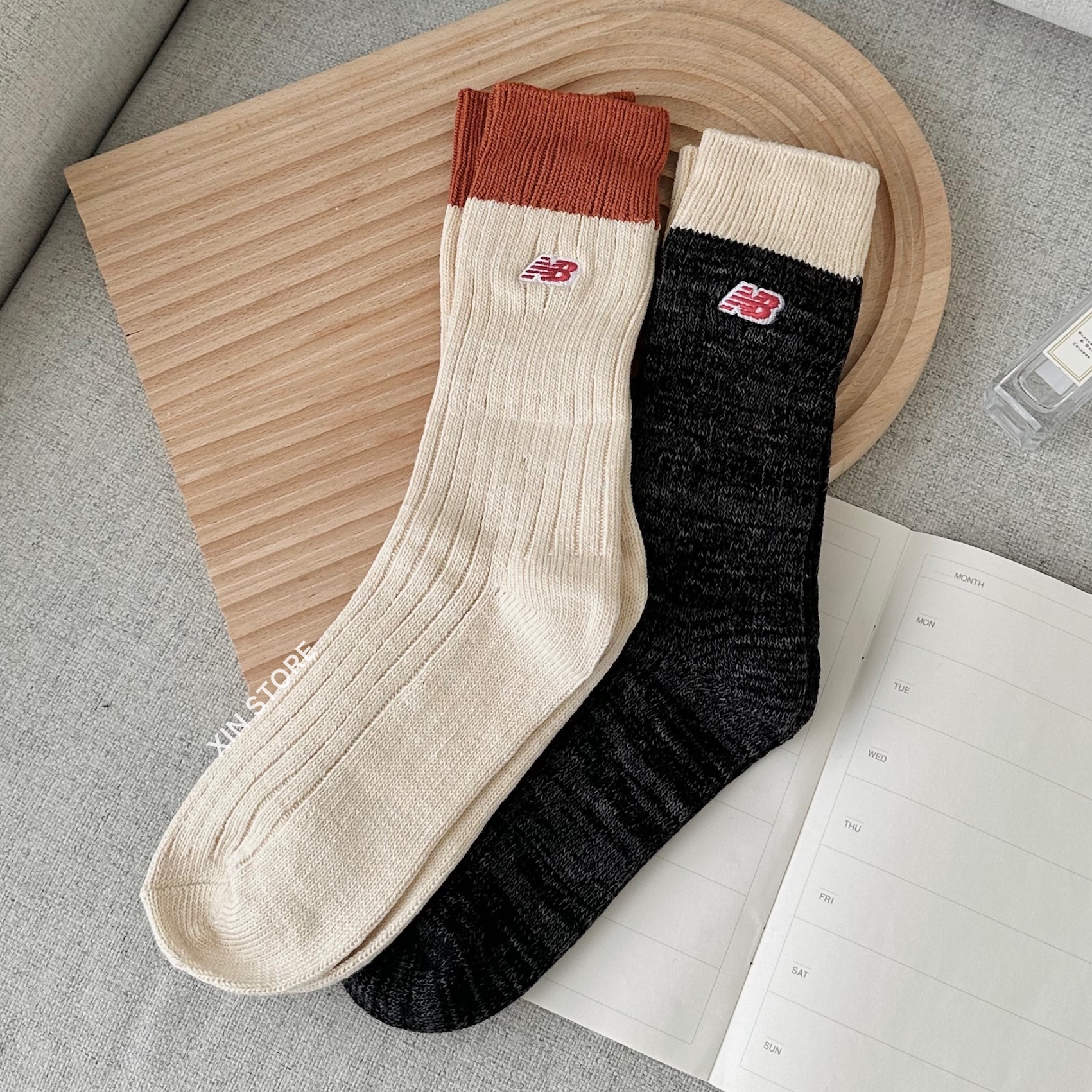【現貨】New Balance NB 雙色 拼接 長襪 刺繡 Logo 2雙一組 米黑磚橘 米白麻灰墨綠