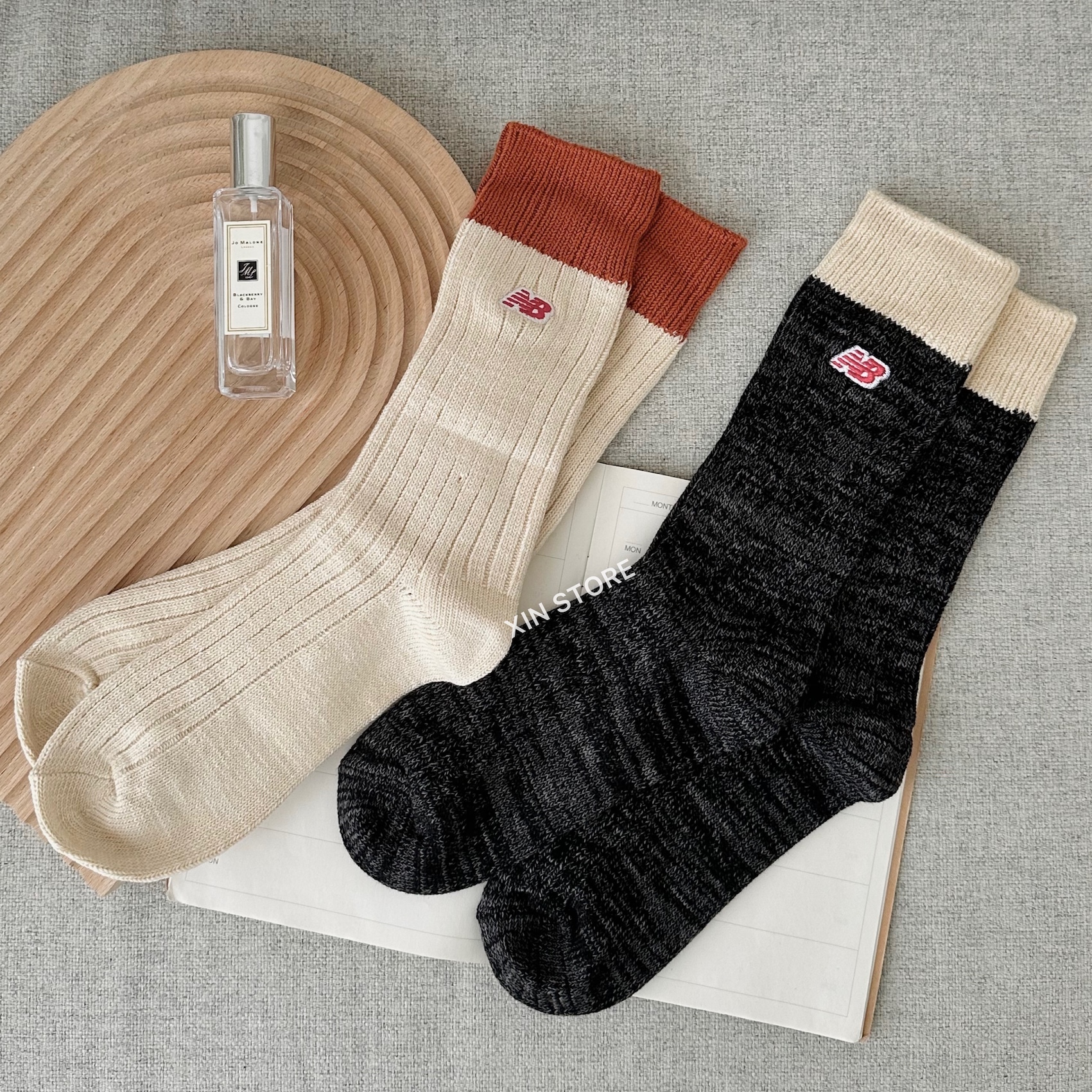 【現貨】New Balance NB 雙色 拼接 長襪 刺繡 Logo 2雙一組 米黑磚橘 米白麻灰墨綠