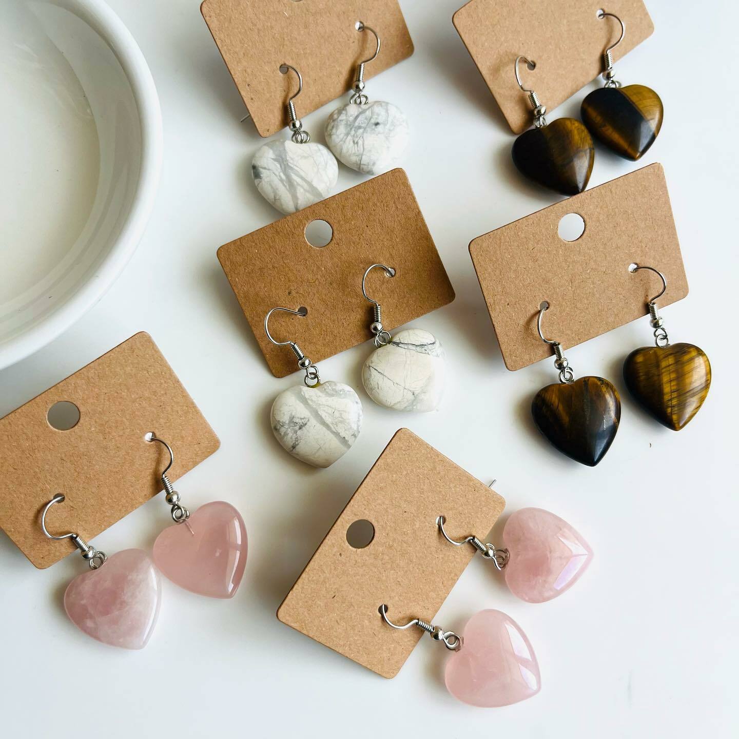 [原石] 水晶耳環 粉晶、虎眼石、白松石