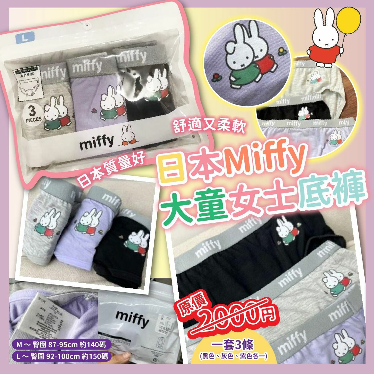 日本Miffy大童女士底褲 1組3條