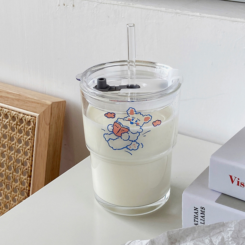 《2778》少女心花間兔兔透明吸管玻璃杯400ML