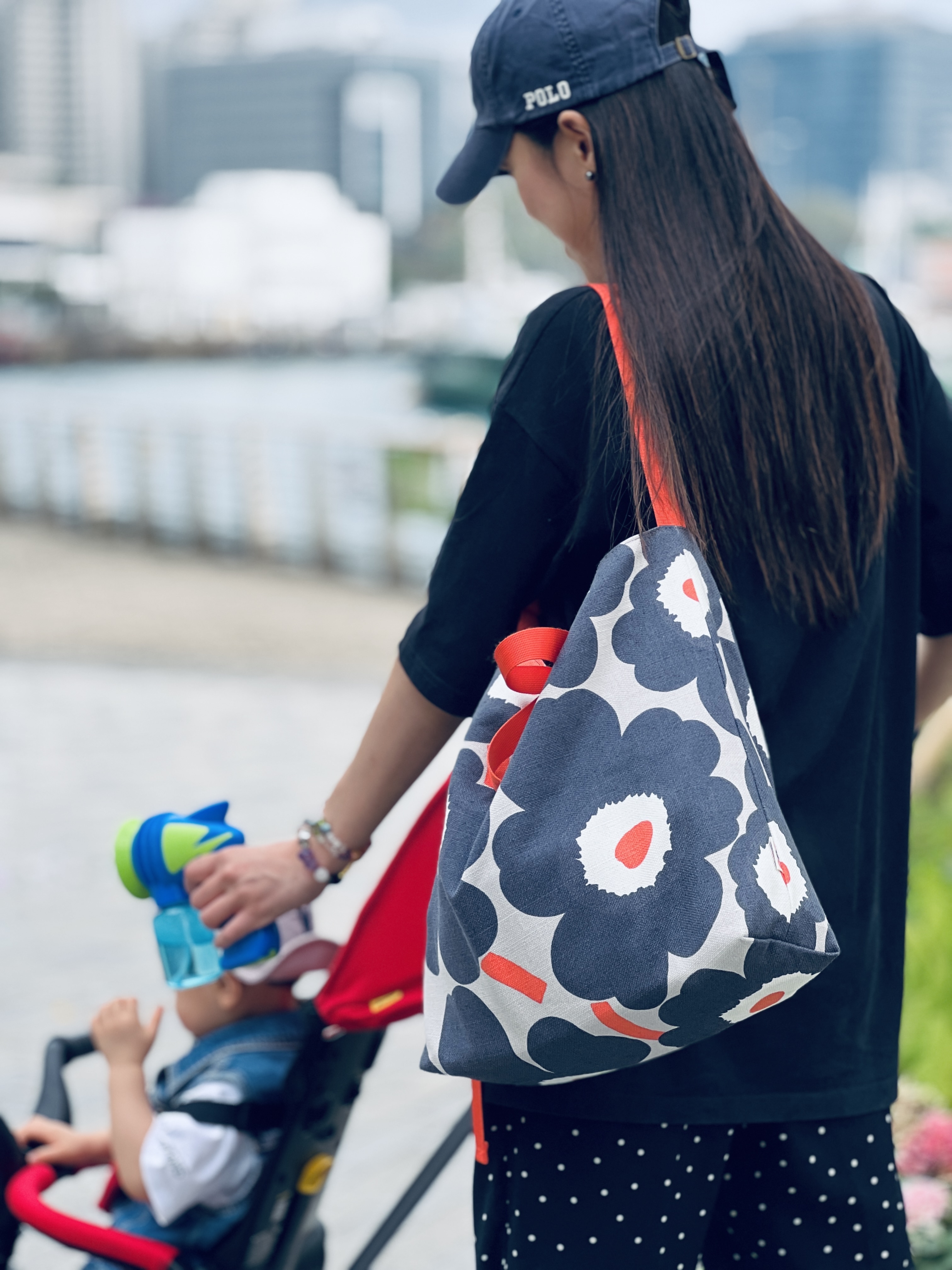 3 way easy tote | Marimekko linen fabric | Navy Grey x orange