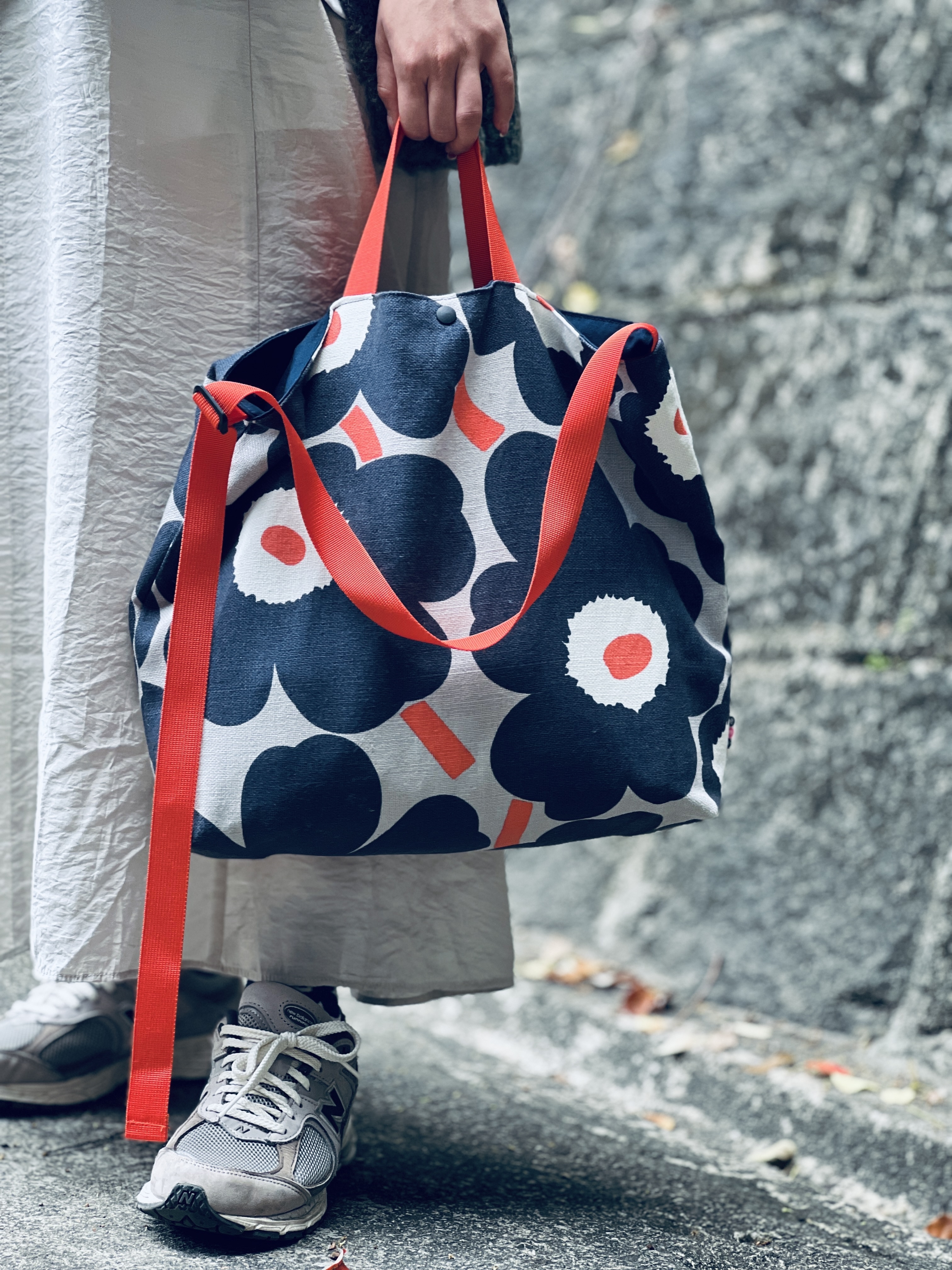 3 way easy tote | Marimekko linen fabric | Navy Grey x orange