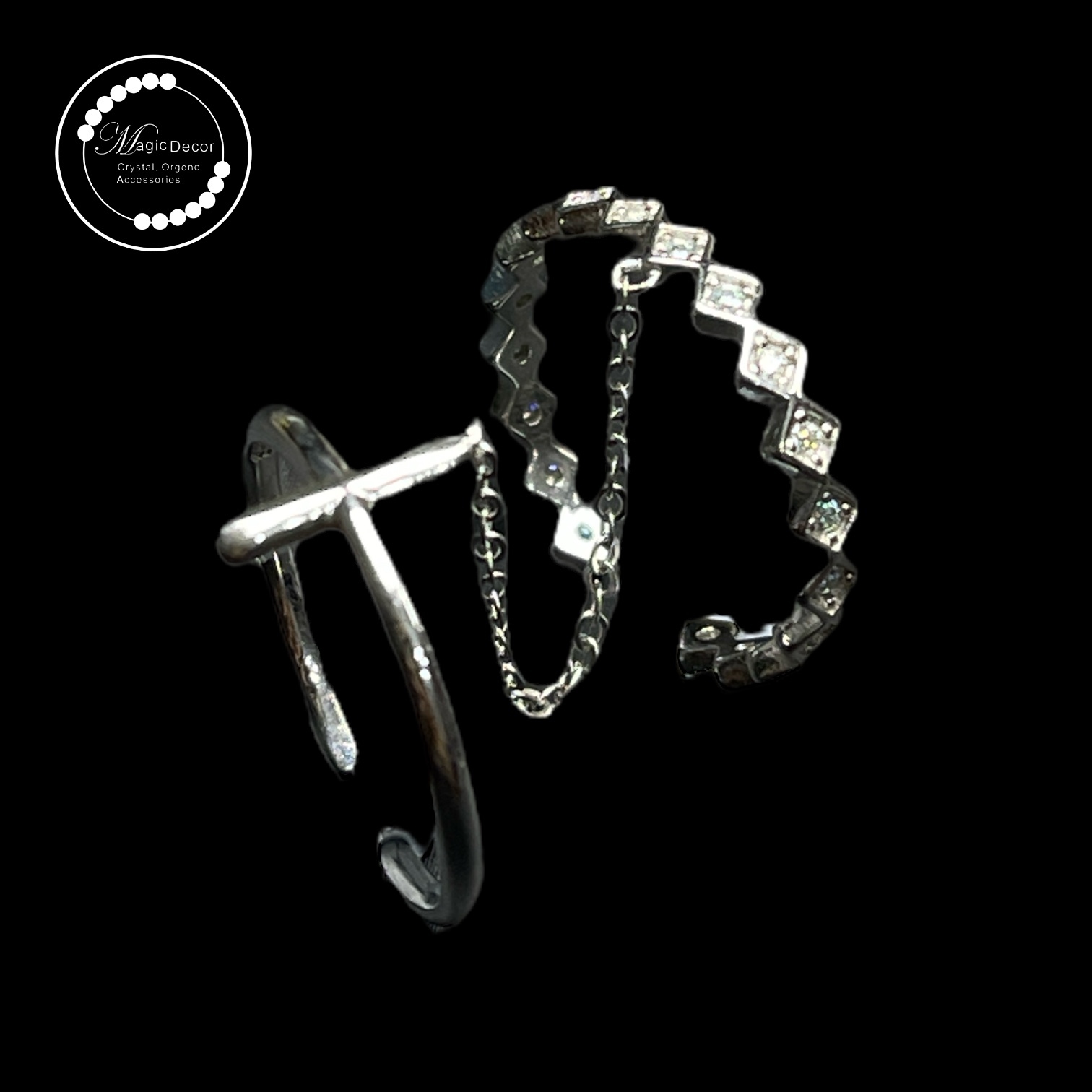 B108 雙層鏈條款莫桑全銀開口戒指