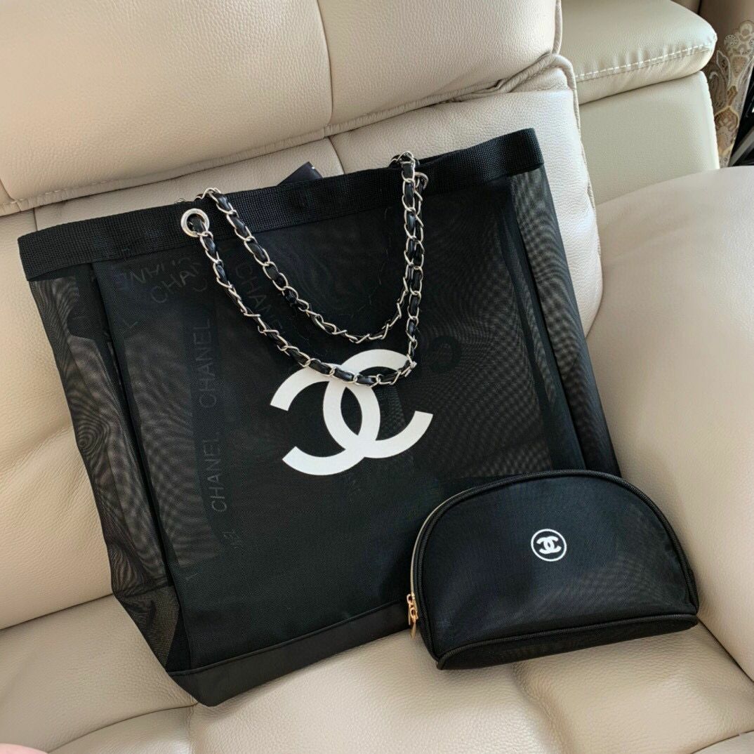 Chanel vip☀️黑金 ☀️紗網沙灘包 🔆托特包+化妝包兩件套