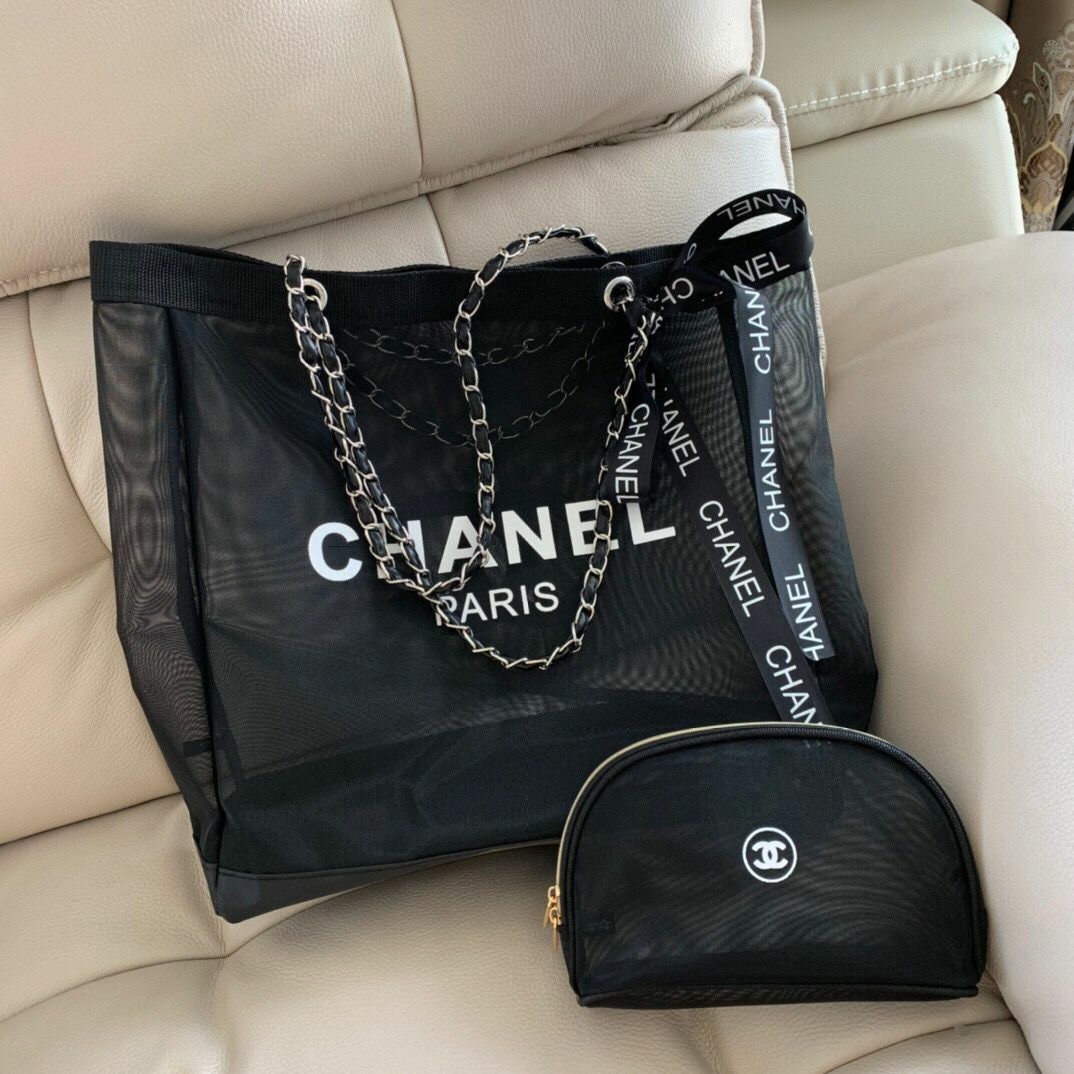 Chanel vip☀️黑金 ☀️紗網沙灘包 🔆托特包+化妝包兩件套