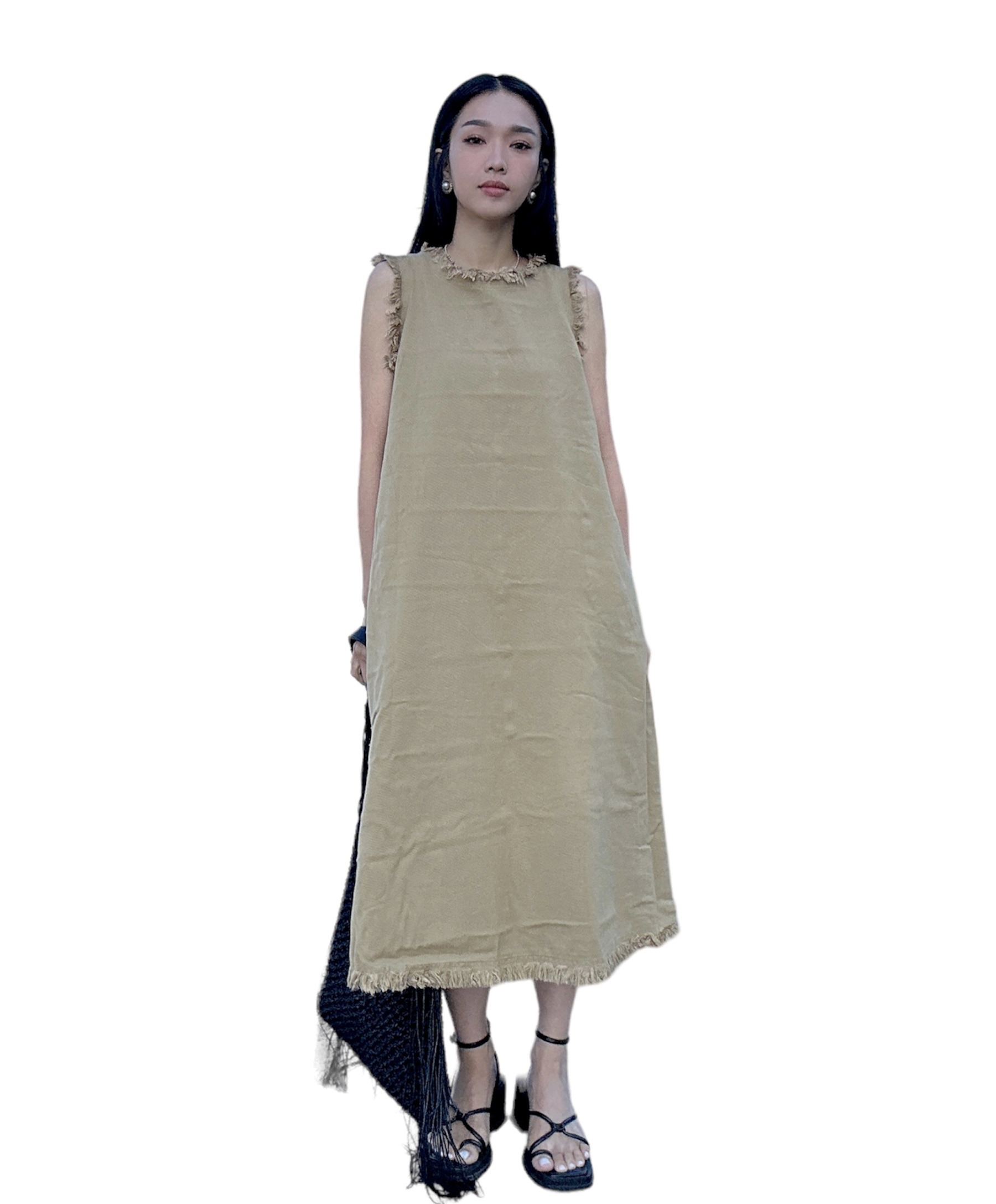 扯布披邊背心連身長裙（現貨款式）