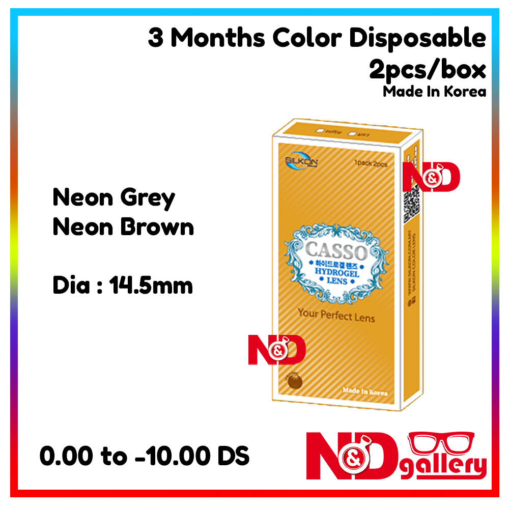 Silkon Casso 3 Months Disposable Color Contact lens 2pcs/box Dia 14.5mm 0.00 to -10.00DS (Neon Grey & Neon brown)