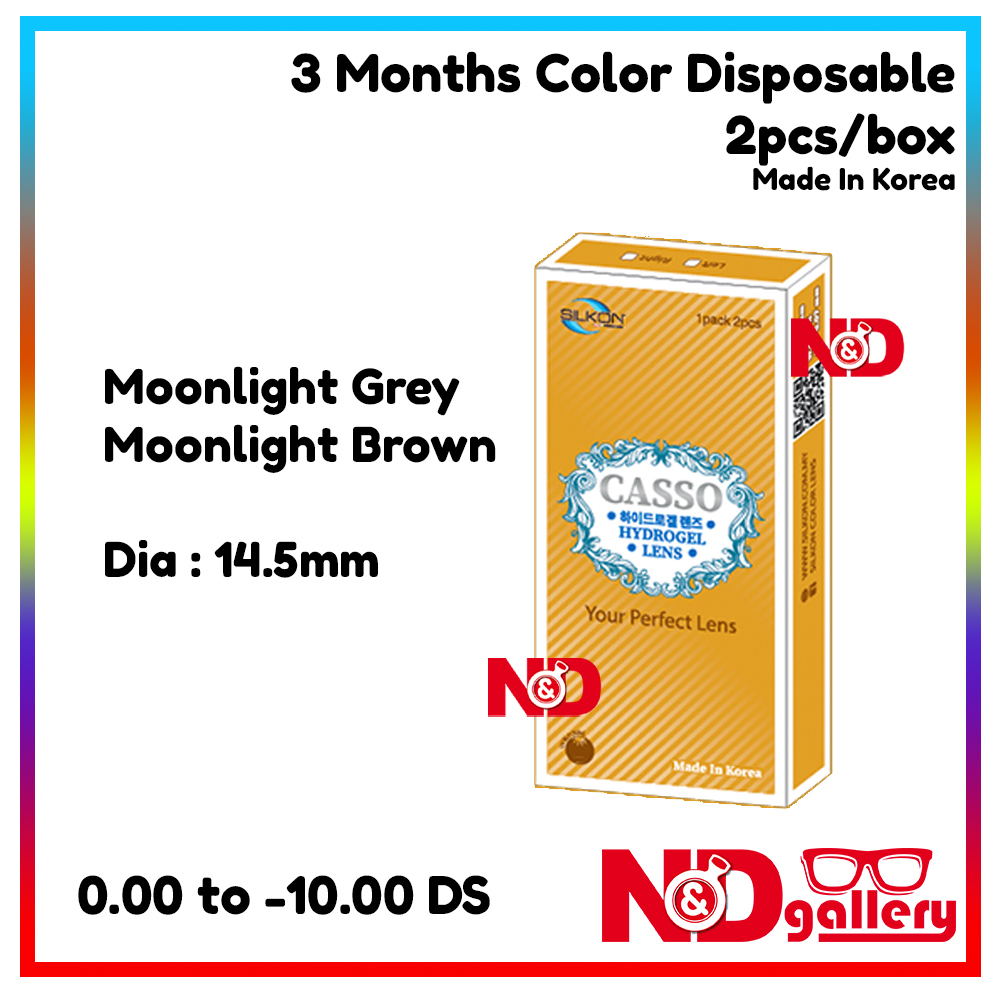 Silkon Casso 3 Months Disposable Color Contact lens 2pcs/box Dia 14.5mm 0.00 to -10.00DS ( moonlight Brown & Moonlight Grey)