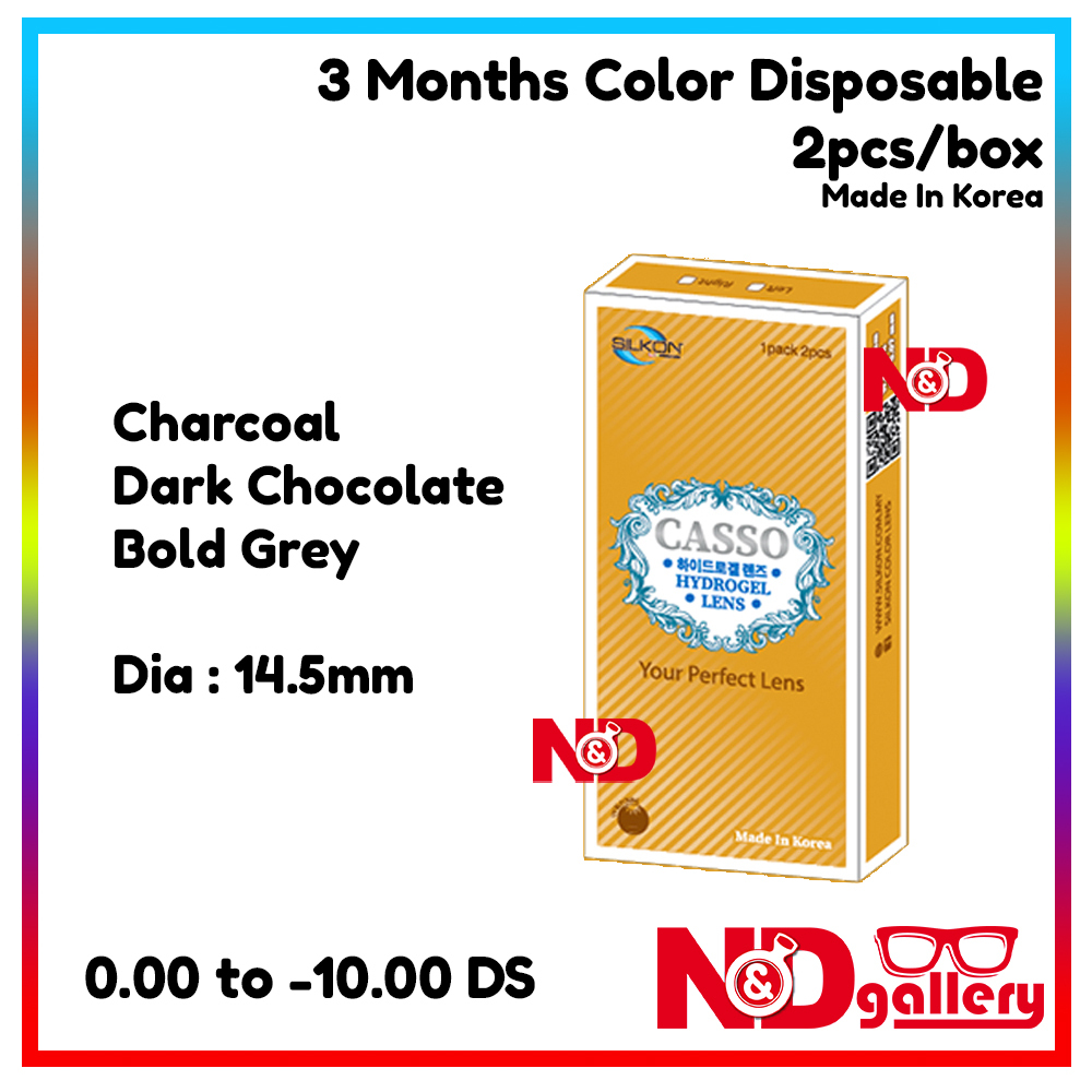 Silkon Casso 3 Months Disposable Color Contact lens 2pcs/box Dia 14.5mm 0.00 to -10.00DS ( Dark Chocolate , Bold Grey , Charcoal)