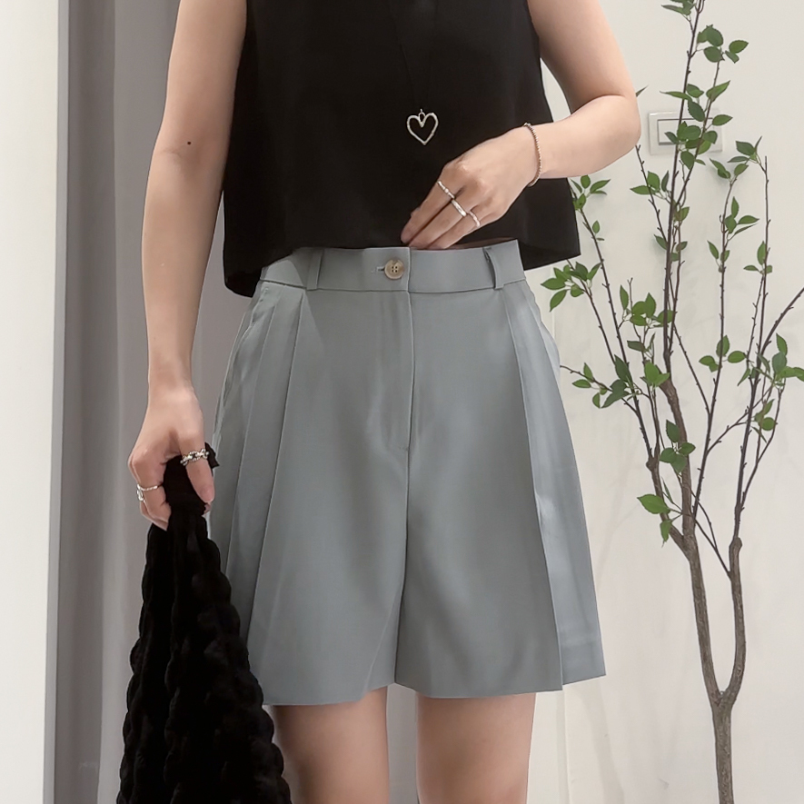 前側雙打摺單釦A字短褲(藍/S)