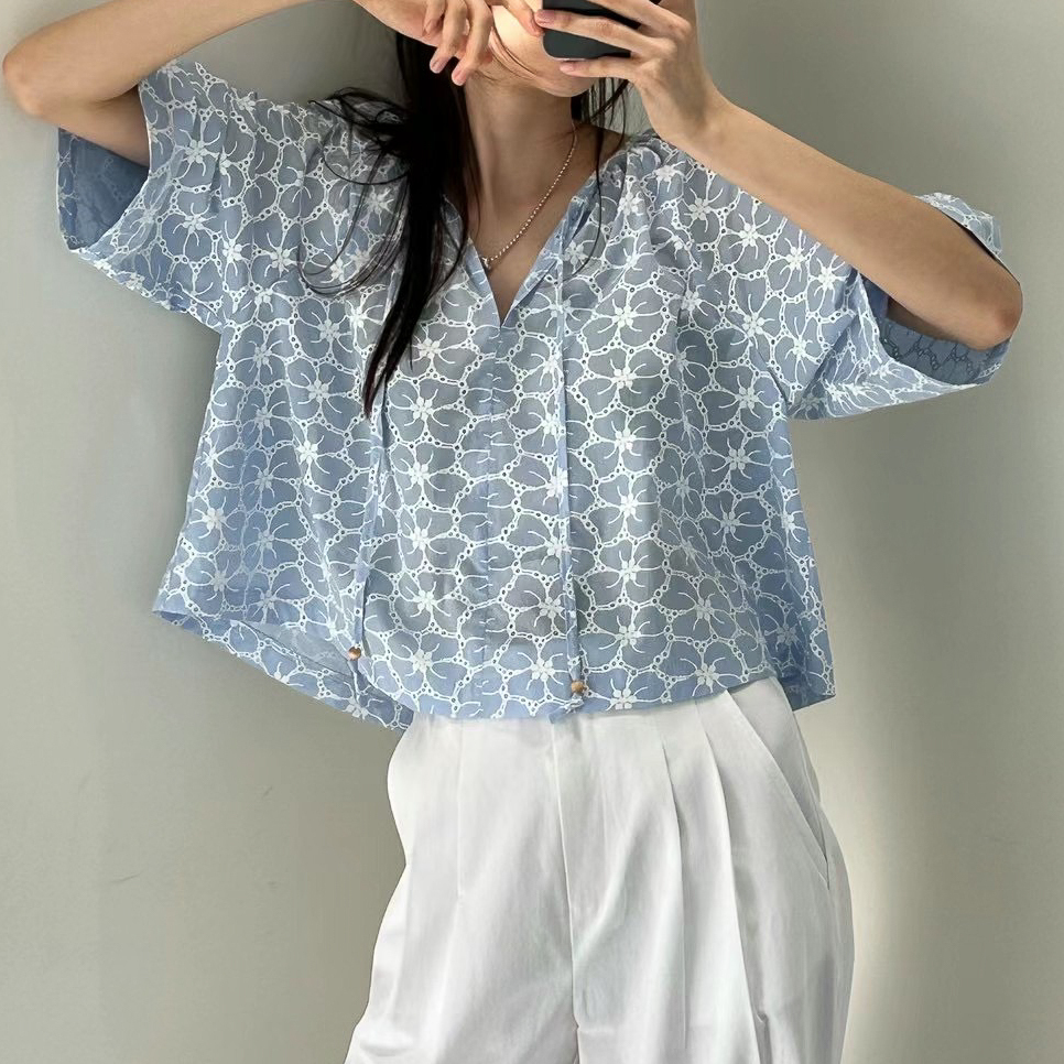 設計面料布紋花衫(藍)