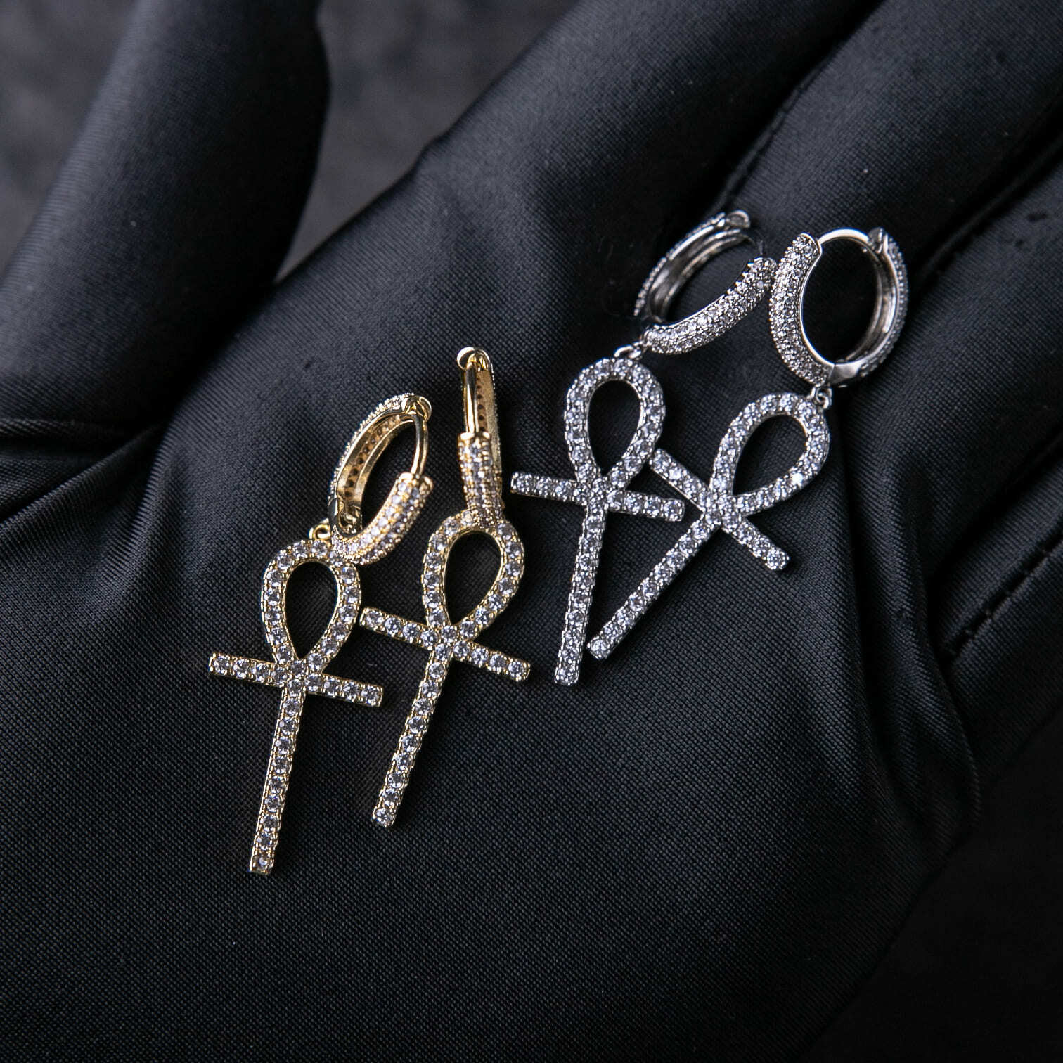 925純銀滿鑲安卡十字架耳環