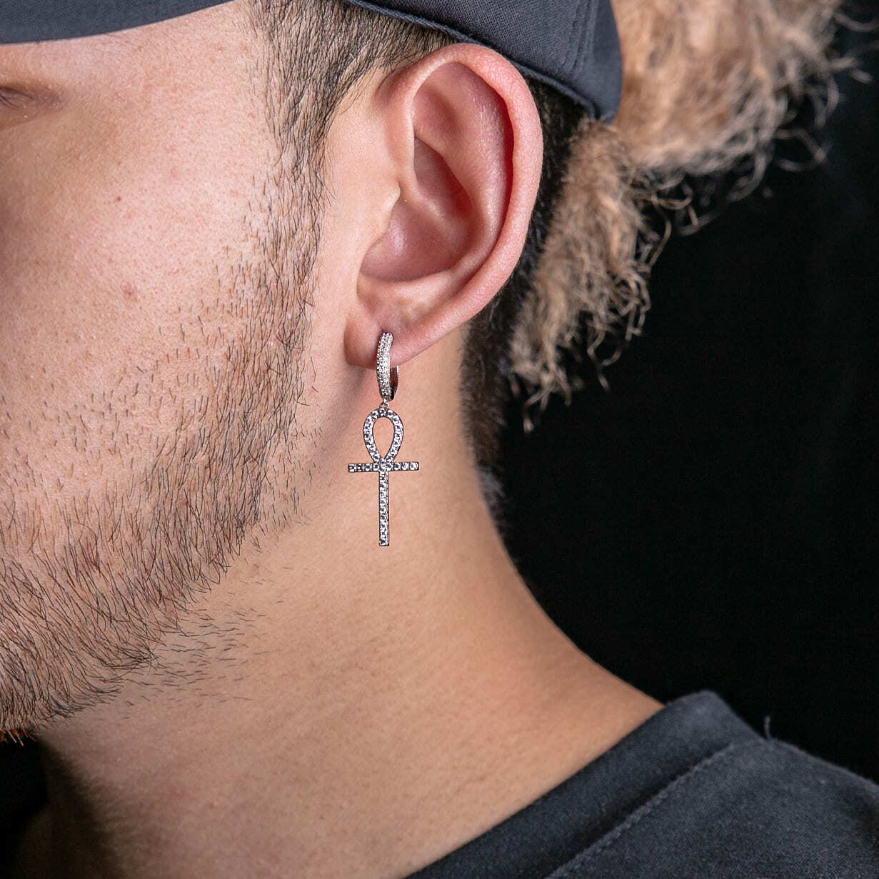 925純銀滿鑲安卡十字架耳環