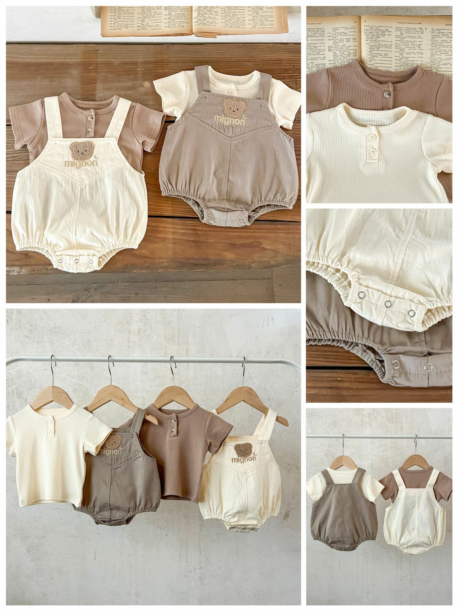 韓版純棉上衣+小熊繡花背帶兩件套裝-2300678