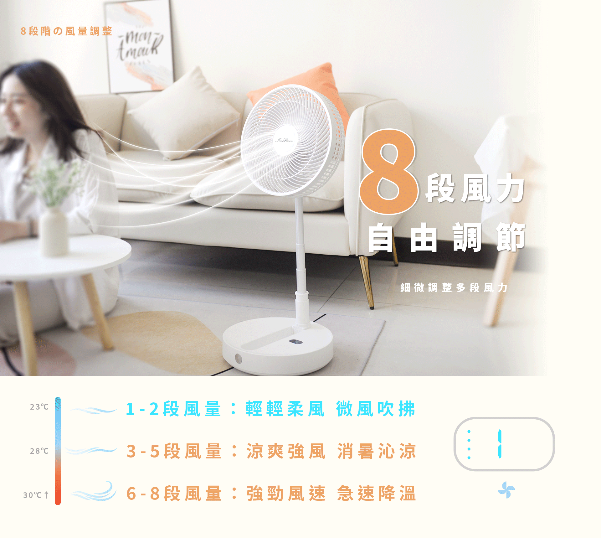 inpure,伸縮折疊風扇,充電風扇,低分貝,桌面電風扇 ,折疊風扇,電風扇,伸縮風扇,落地扇,八擋風力,12吋風扇,直立扇,露營風扇,可遙控,靜音風扇,桌扇,循環扇,風扇,立扇,DC,DC扇