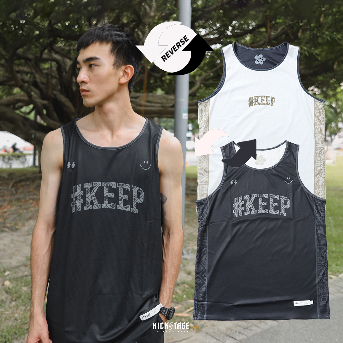 #KEEP ICON LOGO 黑白 雙色 花朵 印花 雙面穿 球衣 背心【KS170-BK】ABshorts
