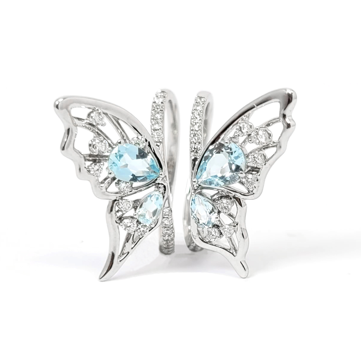 18K白金天然鑽石海藍寶組合戒指托