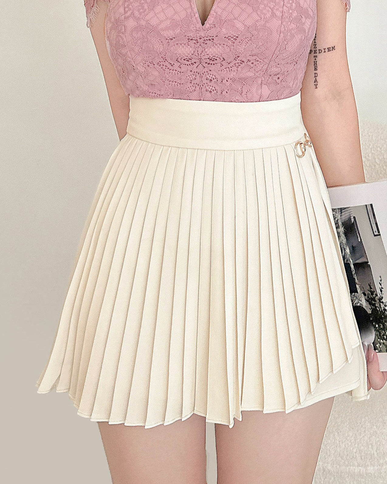 訂製-唯美金鏈雪紡百褶褲裙