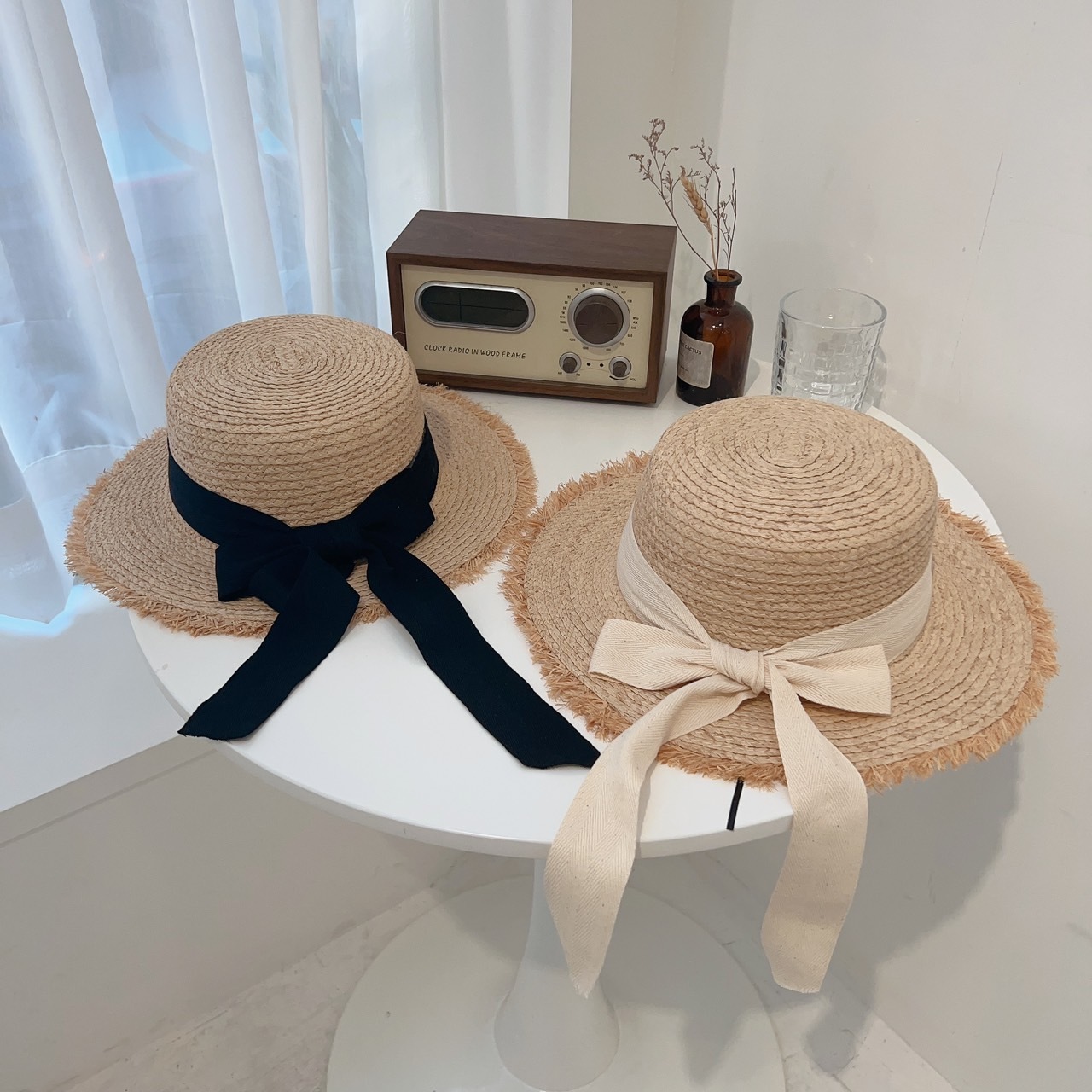 韓版拉菲草緞帶草帽/七色