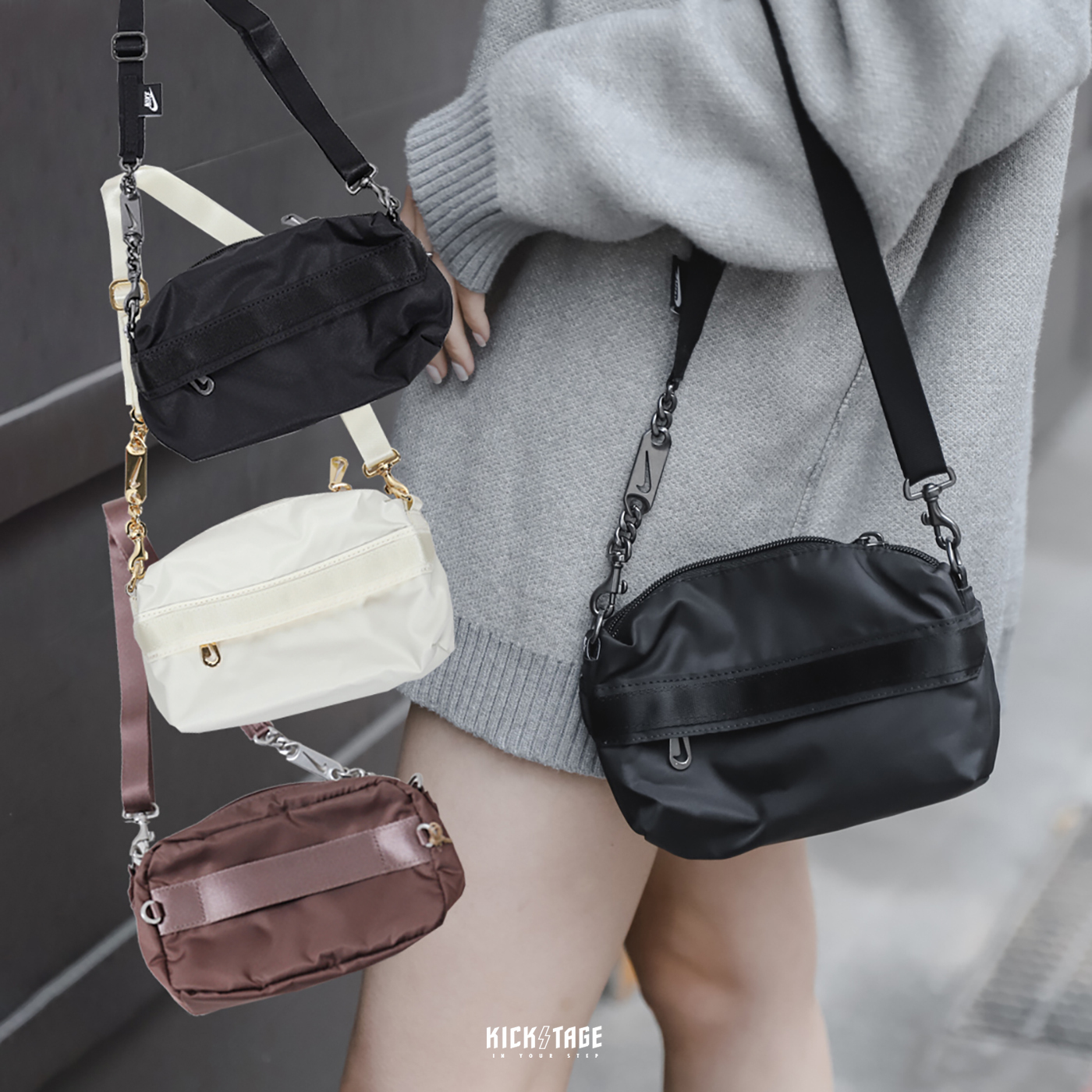 NIKE NSW FUTURA LUXE 黑色 奶油香檳金 紅棕 尼龍 緞面 鏈帶包 斜背包【CW9304-010】