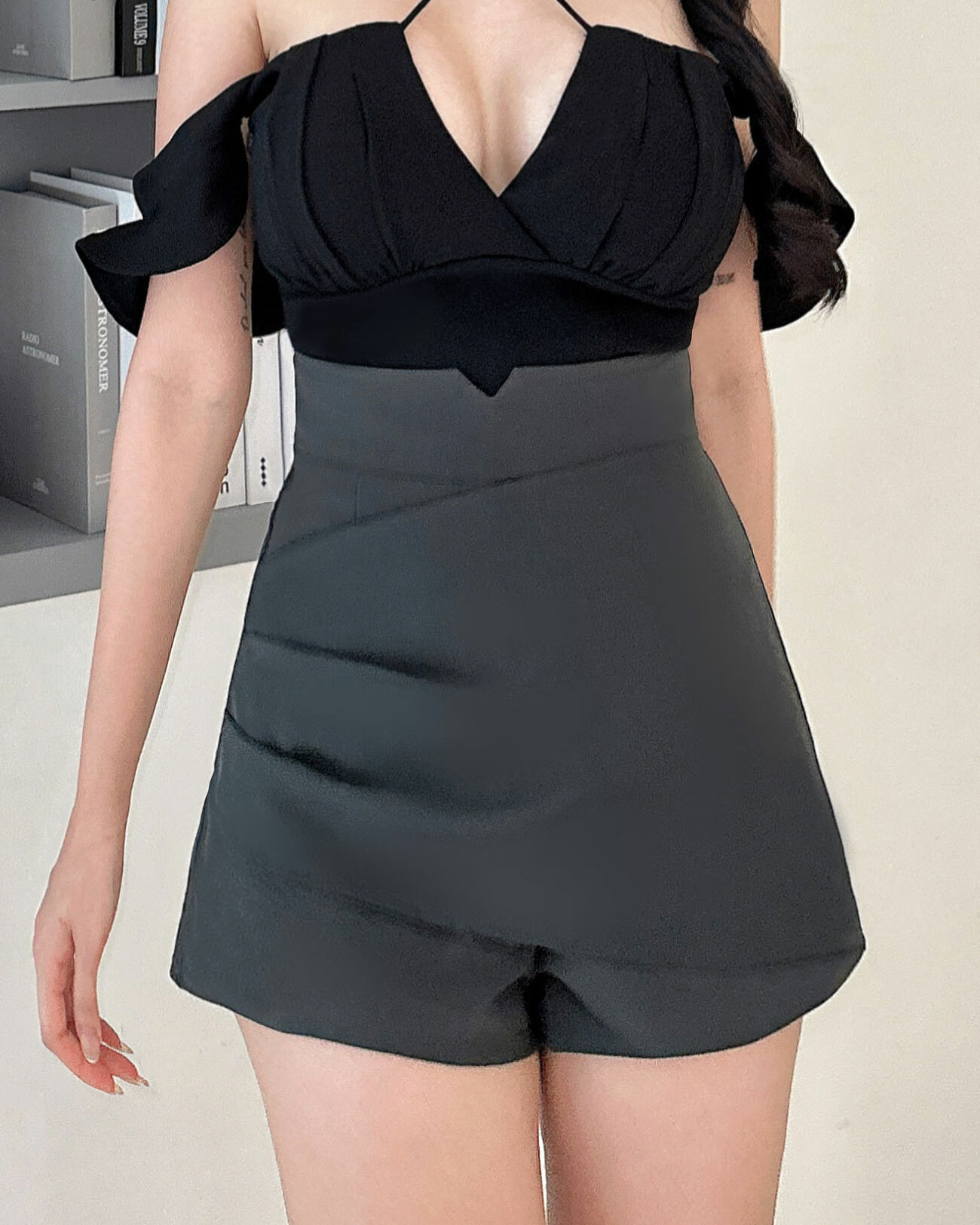 訂製-質感拼接雪紡垂墜短褲