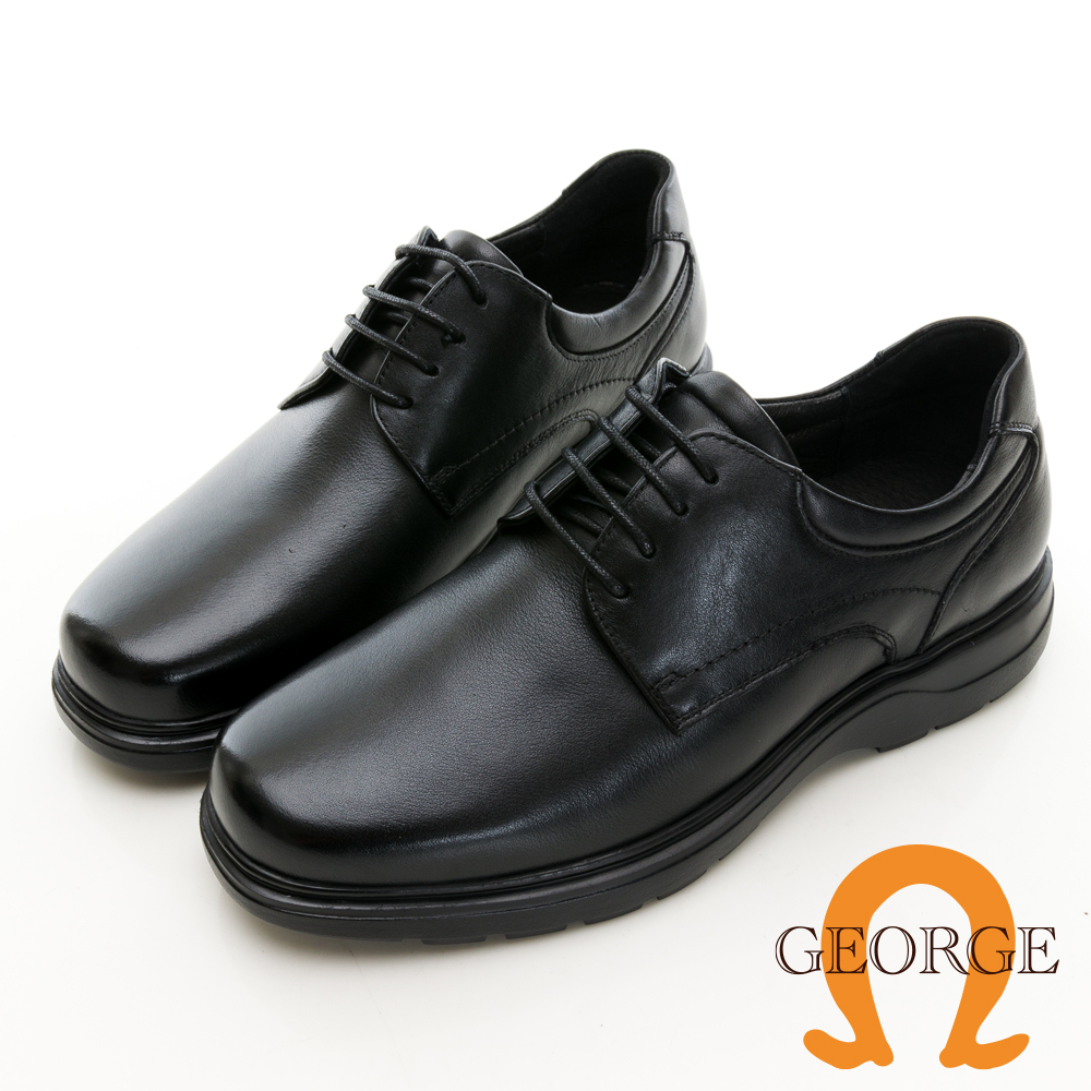 GEORGE 喬治皮鞋】真皮寬楦小方頭綁帶厚底氣墊皮鞋-黑315027CZ10