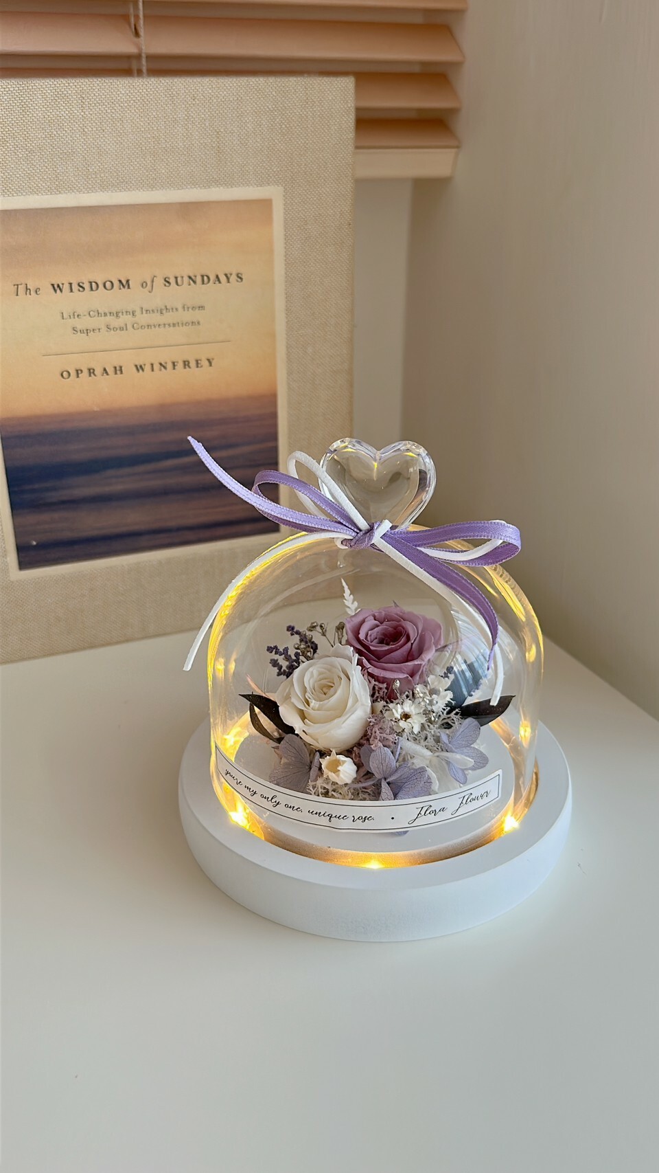 永生花愛心玻璃罩夜燈- 薰衣草茶