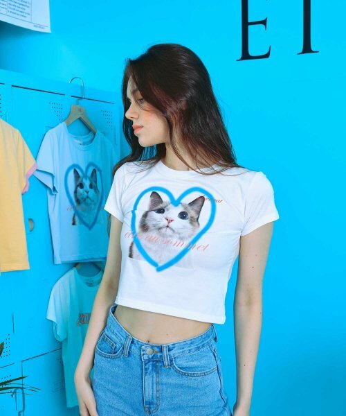 ETRE AU SOMMET☆HEART CAT FACE HALF TEE Heart Cat Face Half T-shirt (Sky Blue) - ÊTRE AU SOMMET