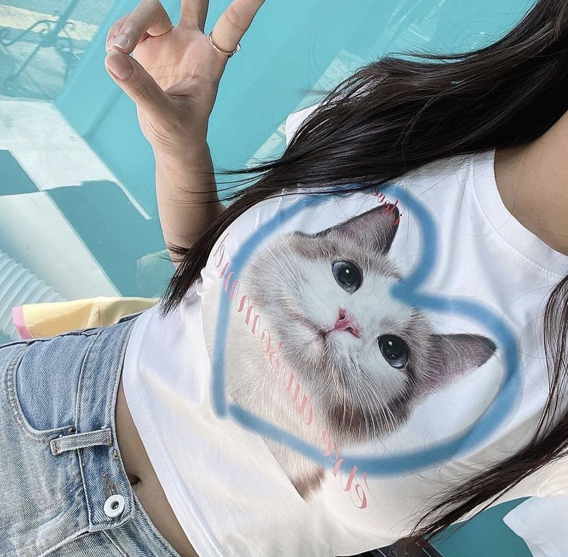 ETRE AU SOMMET☆HEART CAT FACE HALF TEE Heart Cat Face Half T-shirt (Sky Blue) - ÊTRE AU SOMMET