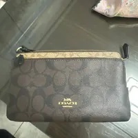 [S] COACH C7313 SIGNATURE BLK DOUBLE ZIP WALLET,IM/KHAKI BROWN MULTI, 195031498558 (SCO408)