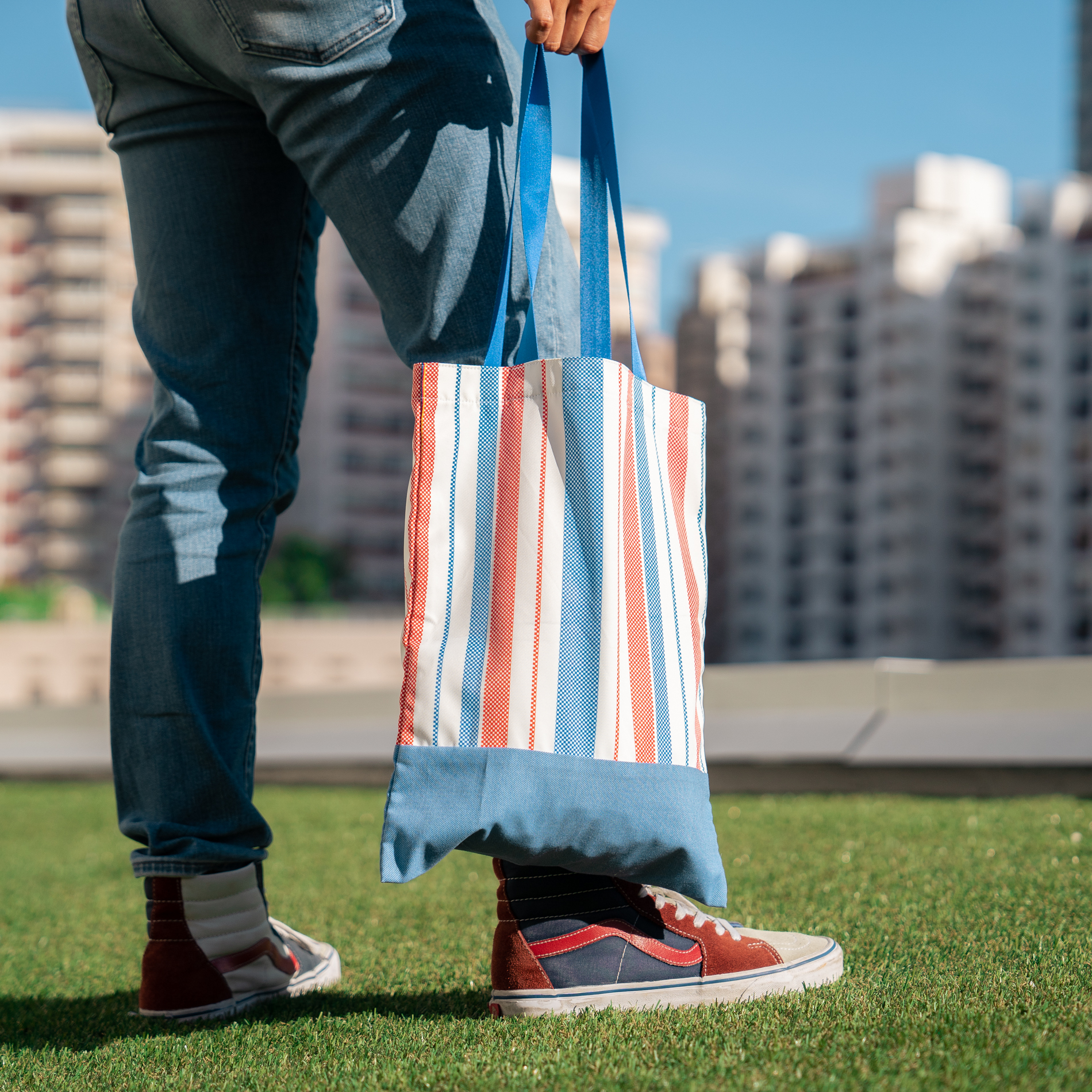 吾家手作上膊環保袋 - 紅白藍（淺色）