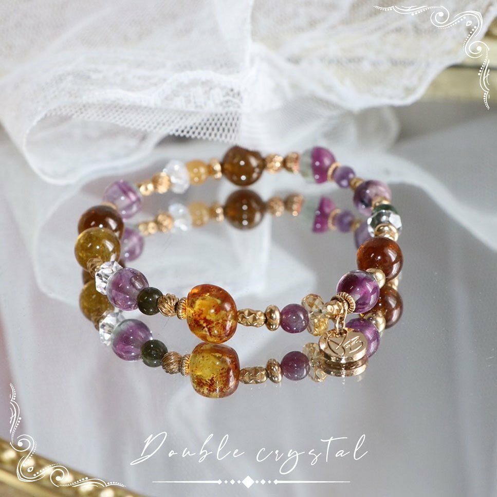 ☽◌*matisse的海岸／黃沙佛萊、蜜桃螢石、琥珀、彩碧璽、切面紫龍晶