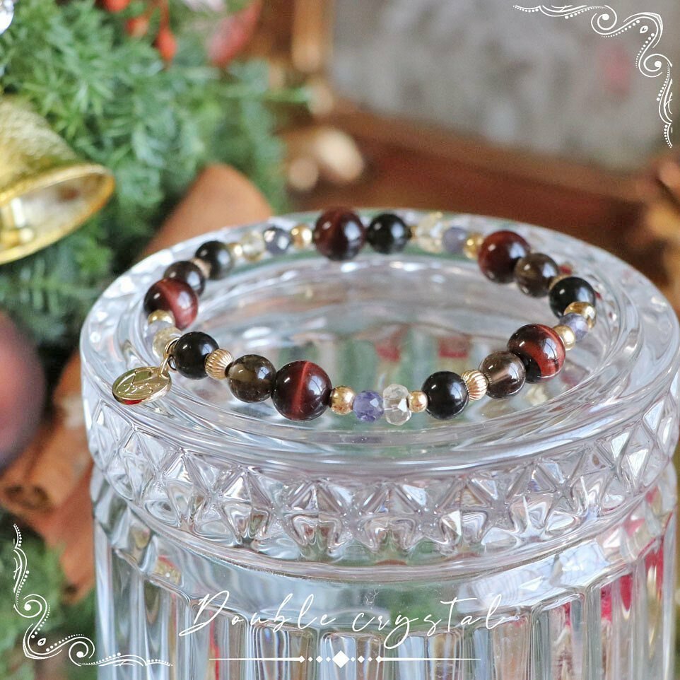 ☽◌*紅心凱瑟琳／紅虎眼．茶晶．黑金曜石．黃水晶