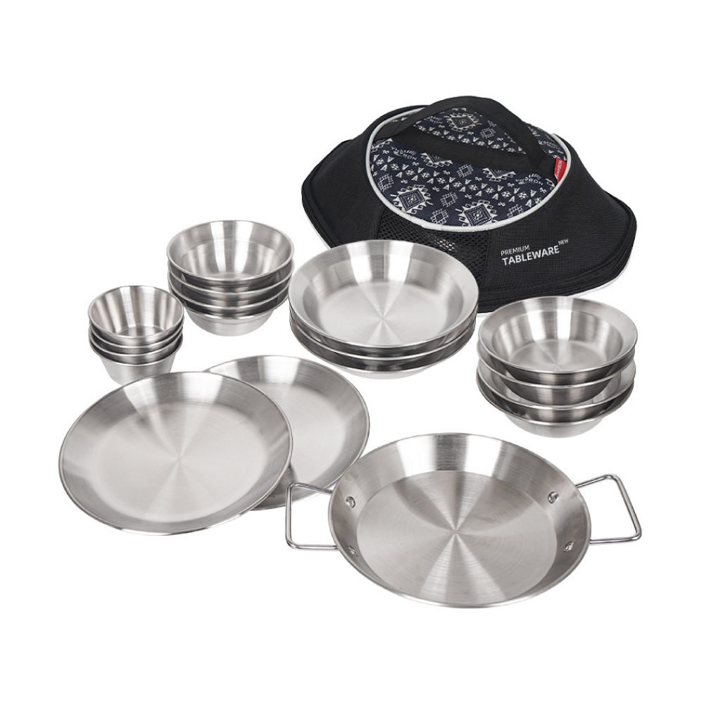 #【元氣熊】不銹鋼18件碗盤套裝附收納袋 民族風