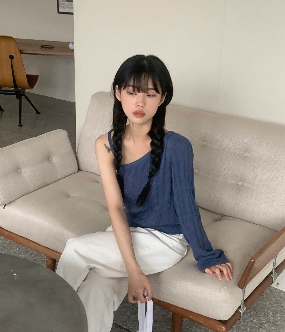 韓國Dejou授權 韓系單肩無袖剪裁麻花紋針織衫