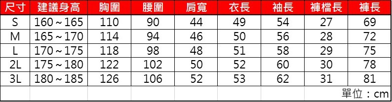 KTC 連身工作服尺寸表