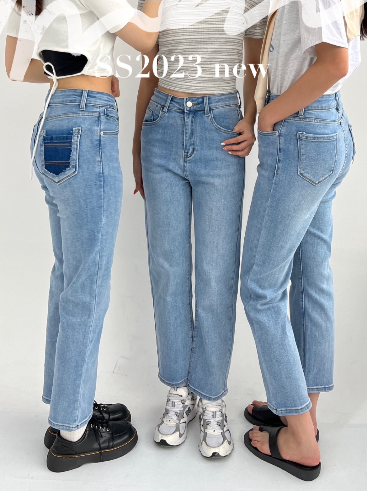 （現＋預）口袋小造型淺藍直筒牛仔褲