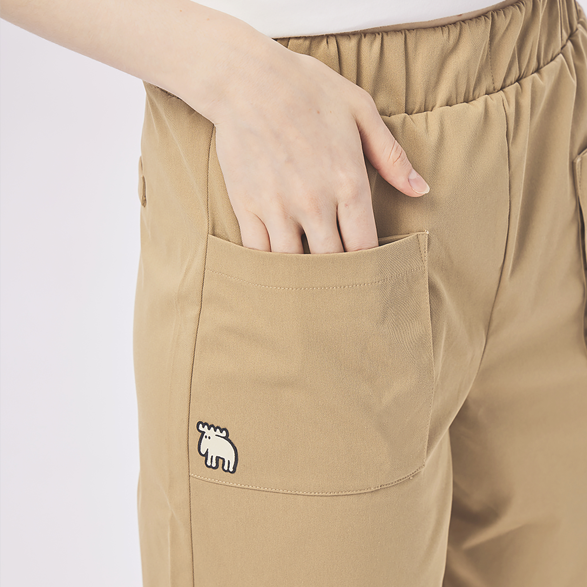 Moz Sweden Moose 100% Cotton Comfortable Morandi Slim Elastic Pocket Pants-milktea