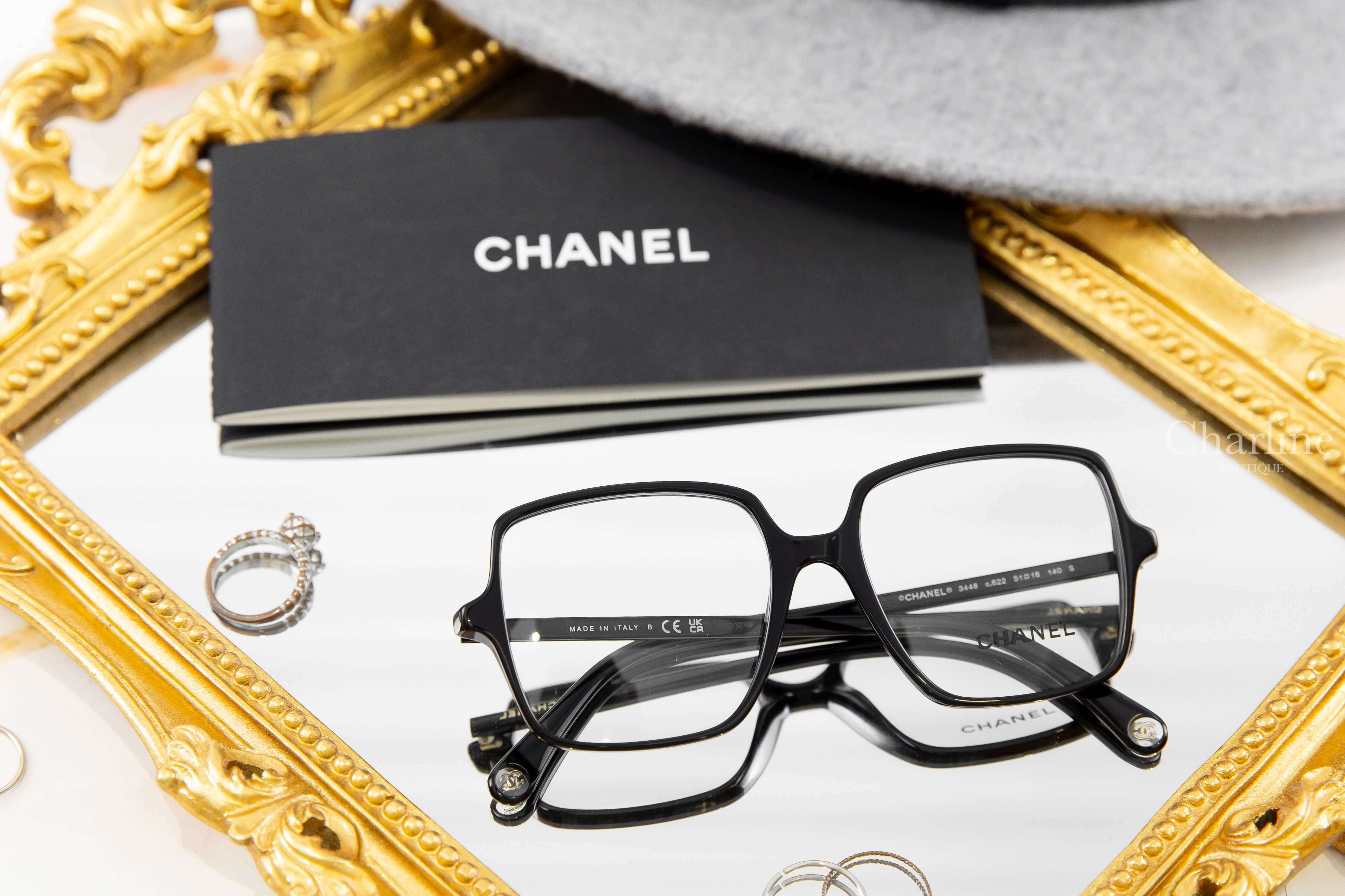 Chanel Square Eyeglasses 黑色方框側邊金色 Logo 鏡腳透明圓型CC平光眼鏡-Charline Boutique 精品代購