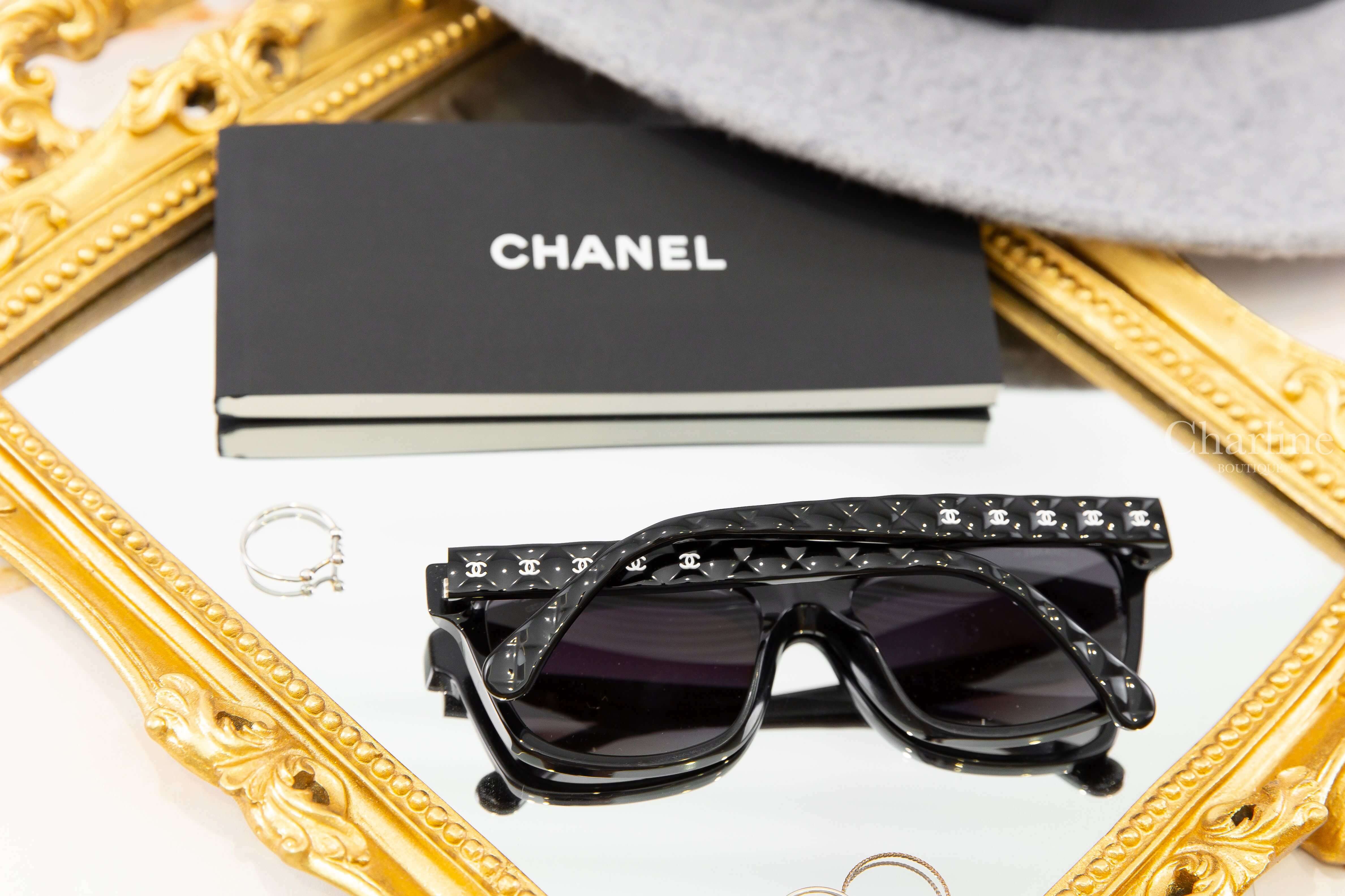 Chanel 黑色方框漸變鏡片側邊菱格白色CC太陽眼鏡-Charline Boutique 