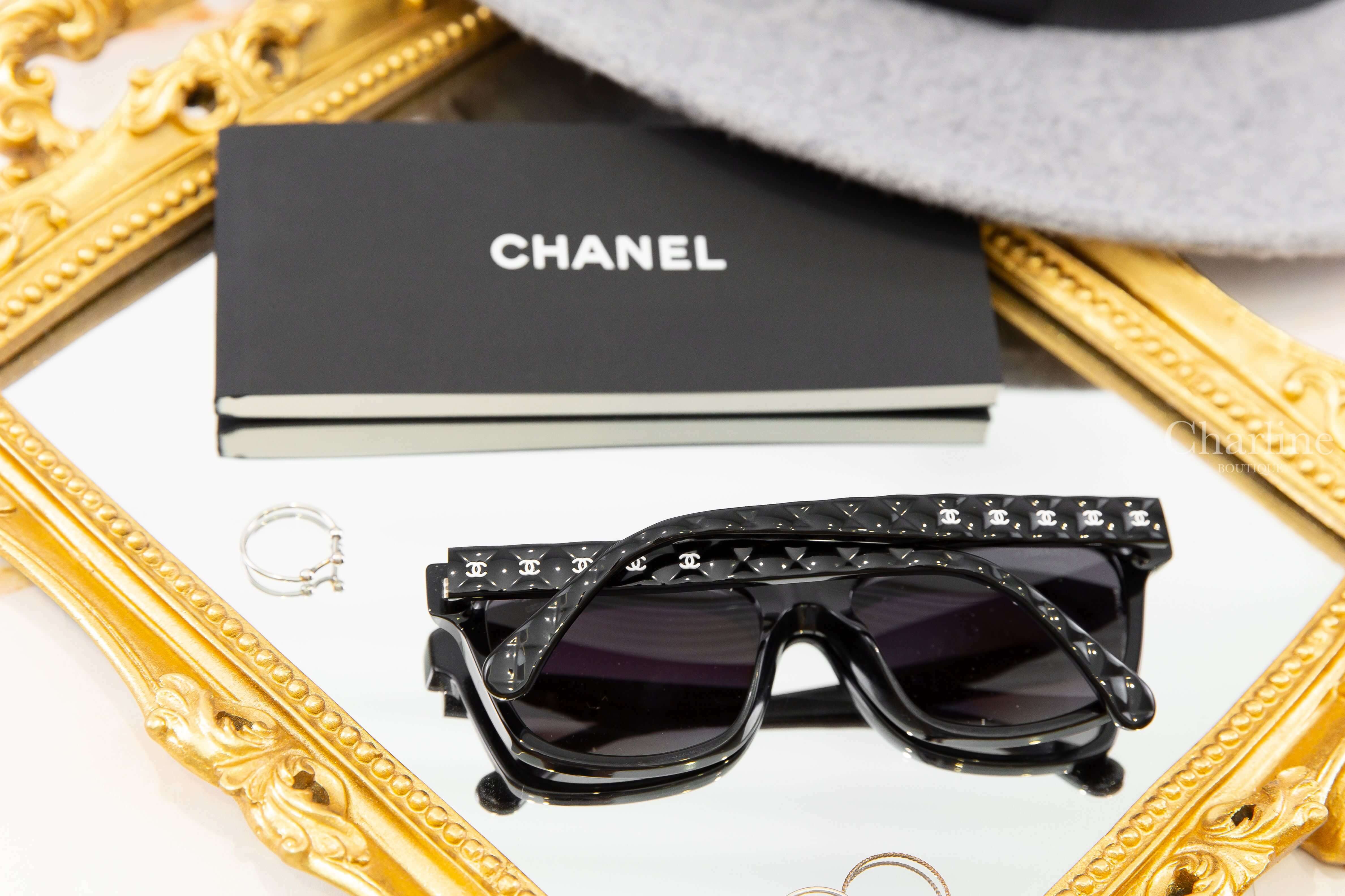 Chanel Square Sunglasses 黑色方框漸變鏡片側邊菱格紋白色CC太陽眼鏡-Charline Boutique 精品代購
