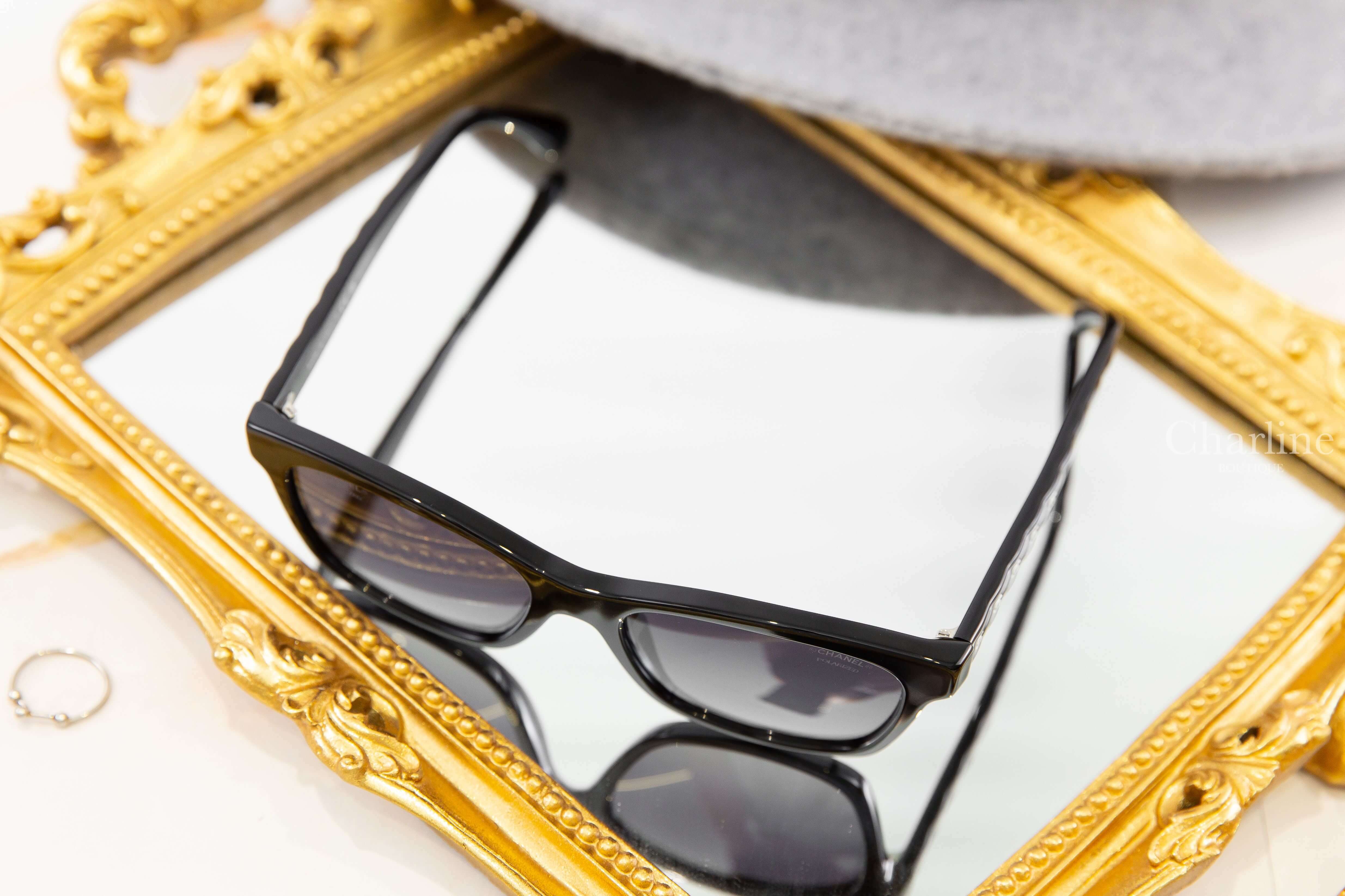 Chanel Square Sunglasses 黑色方框漸變鏡片側邊菱格紋白色CC太陽眼鏡-Charline Boutique 精品代購