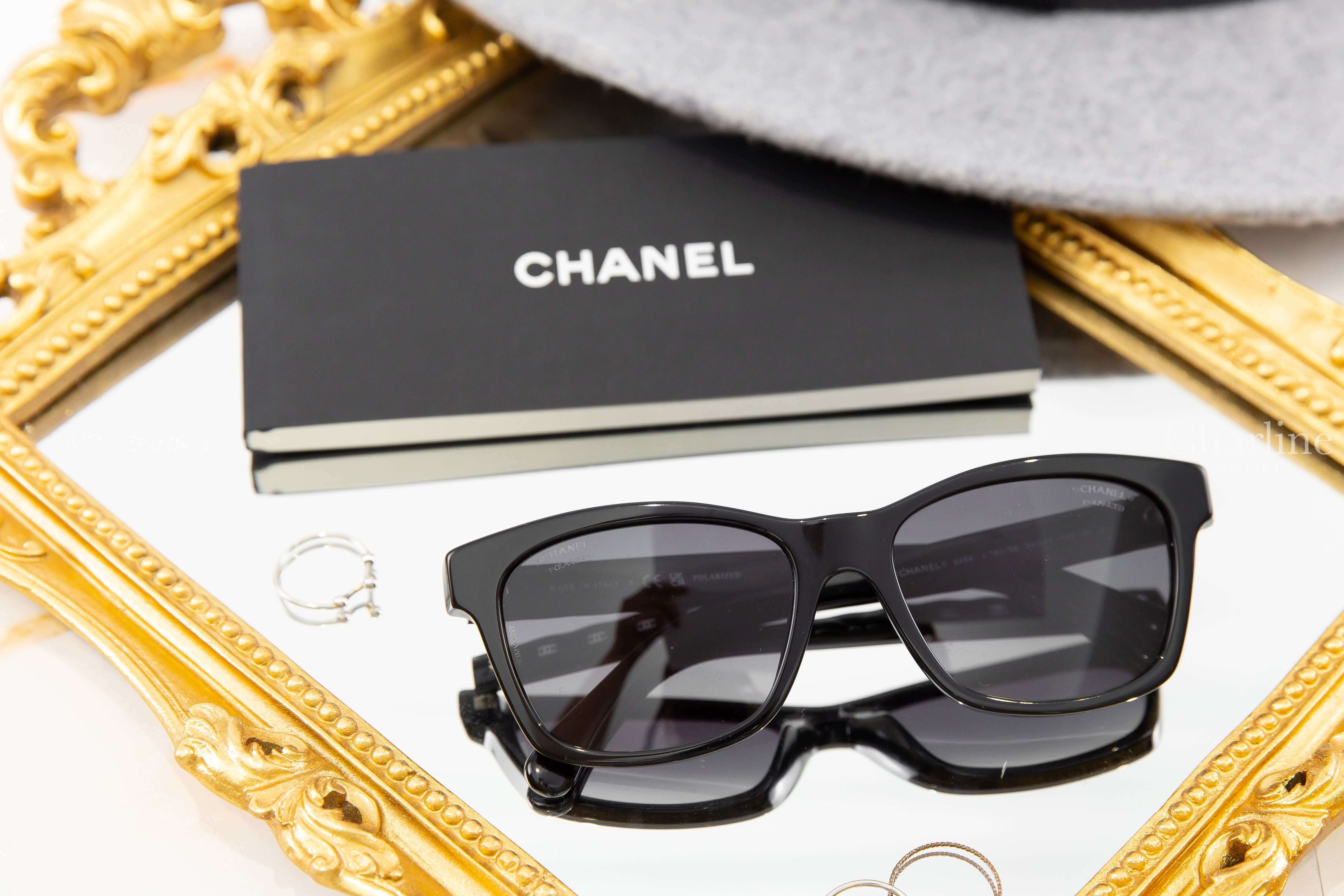 Chanel Square Sunglasses 黑色方框漸變鏡片側邊菱格紋白色CC太陽眼鏡-Charline Boutique 精品代購