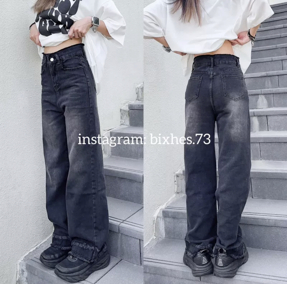 高腰毛邊刷色牛仔褲(E00008)