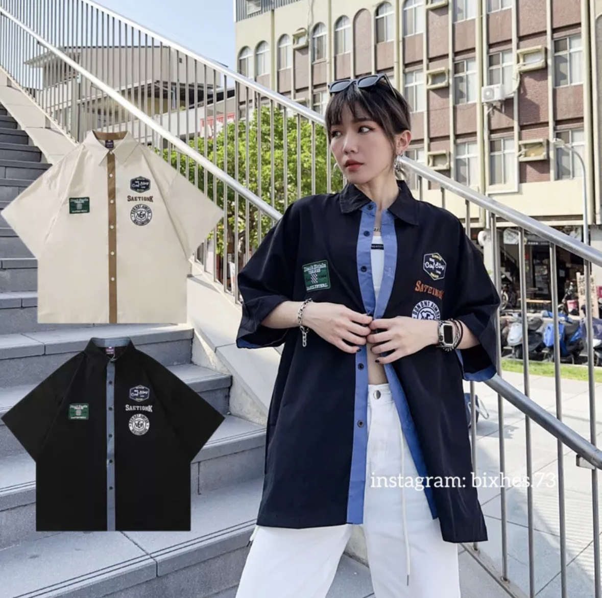 布章撞色短袖襯衫(G00004)