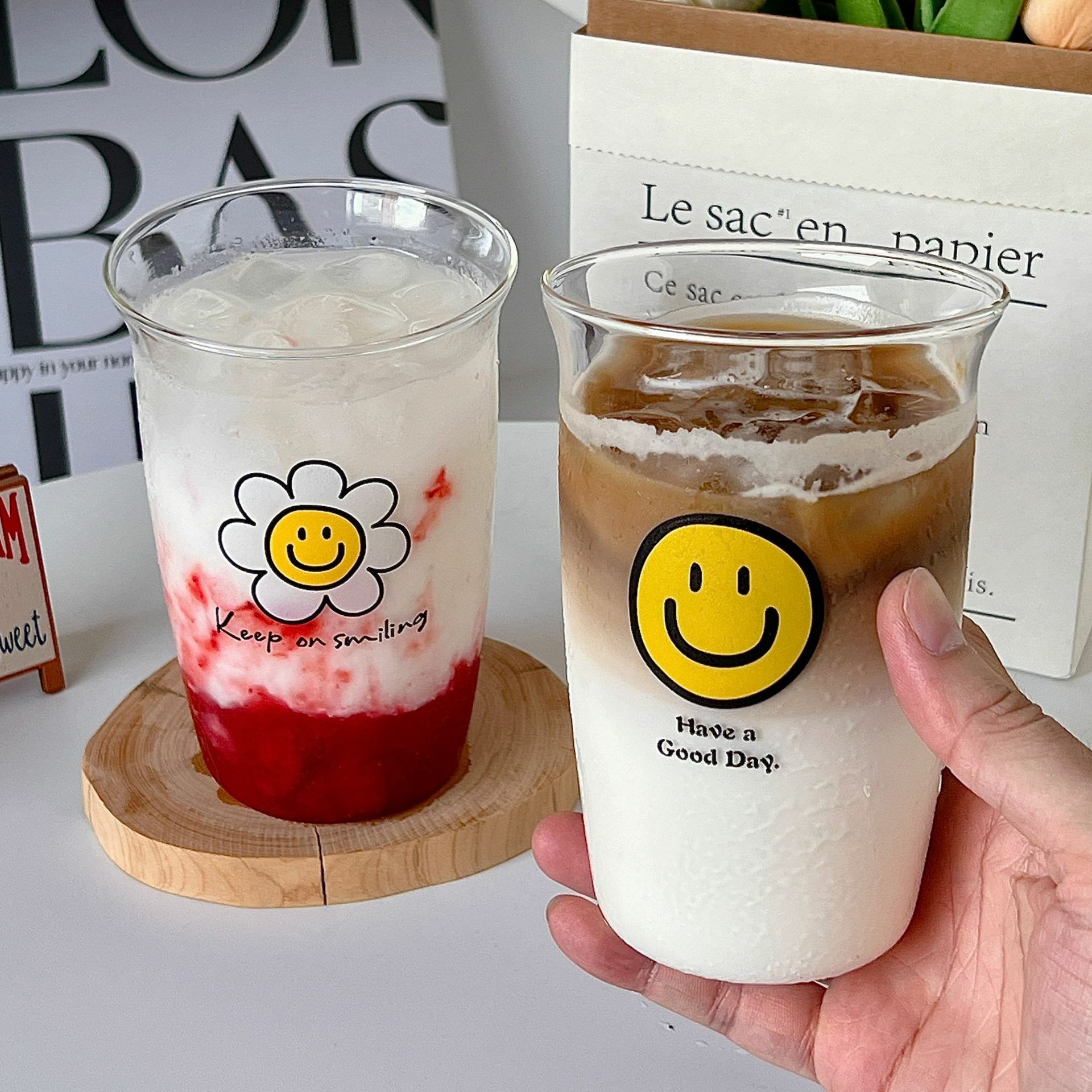 《2800》微笑太陽花玻璃透明杯500ML